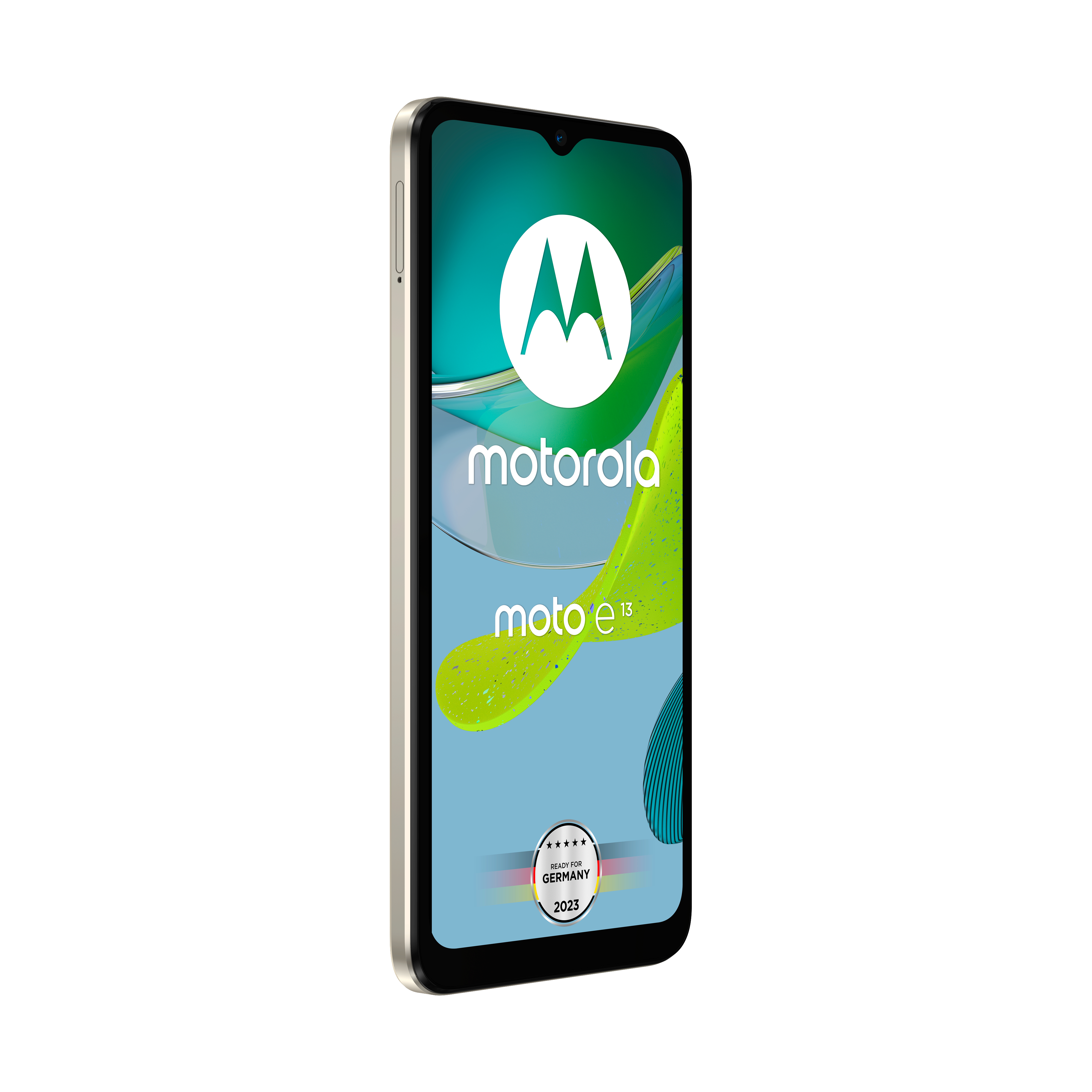 Ein Motorola Moto E13 Smartphone, schräge Ansicht. Der Bildschirm zeigt das Motorola-Logo und ein Deutschland-Abzeichen.