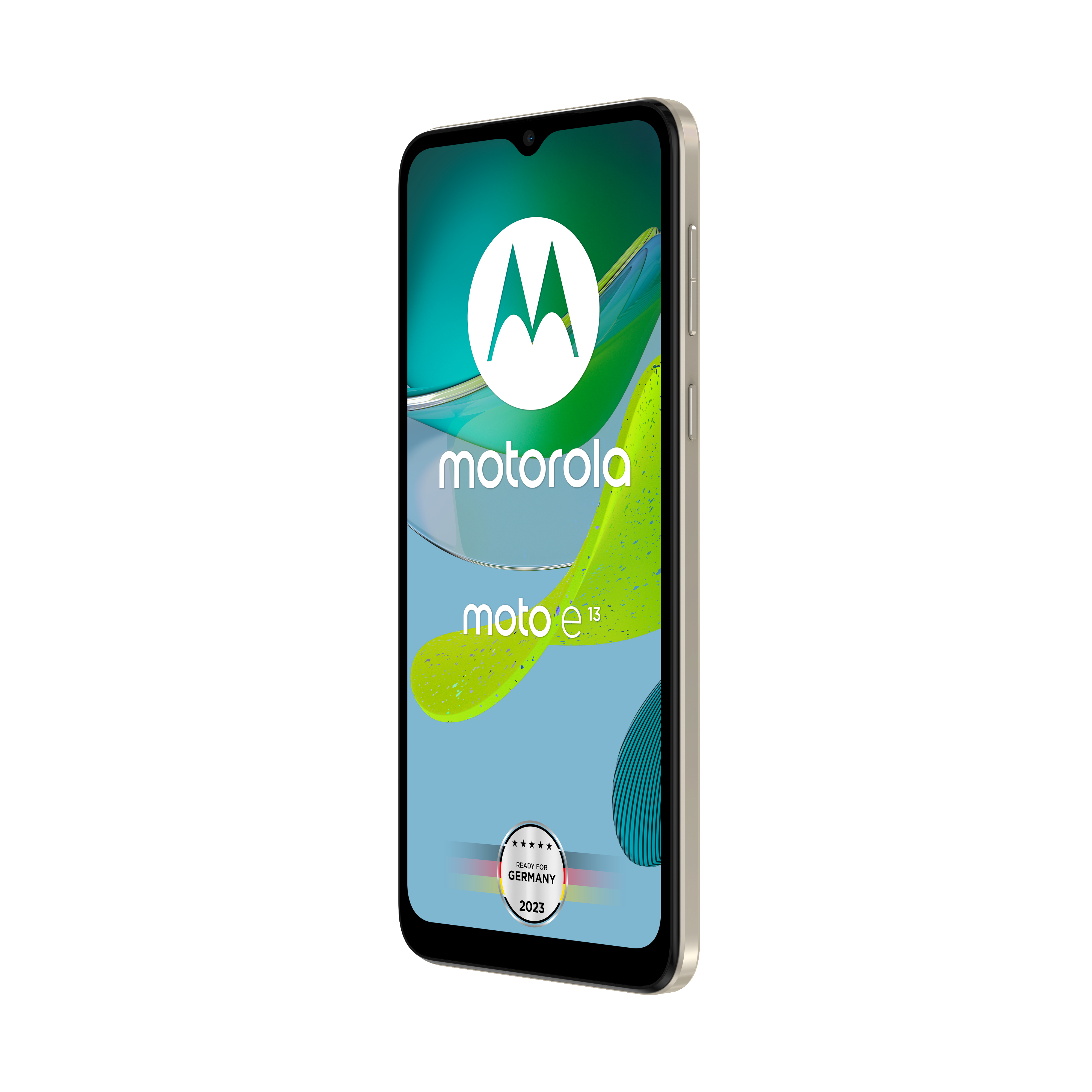 Ein gold-silbernes Motorola Moto e13 Smartphone mit eingeschaltetem Bildschirm, das das Logo zeigt.