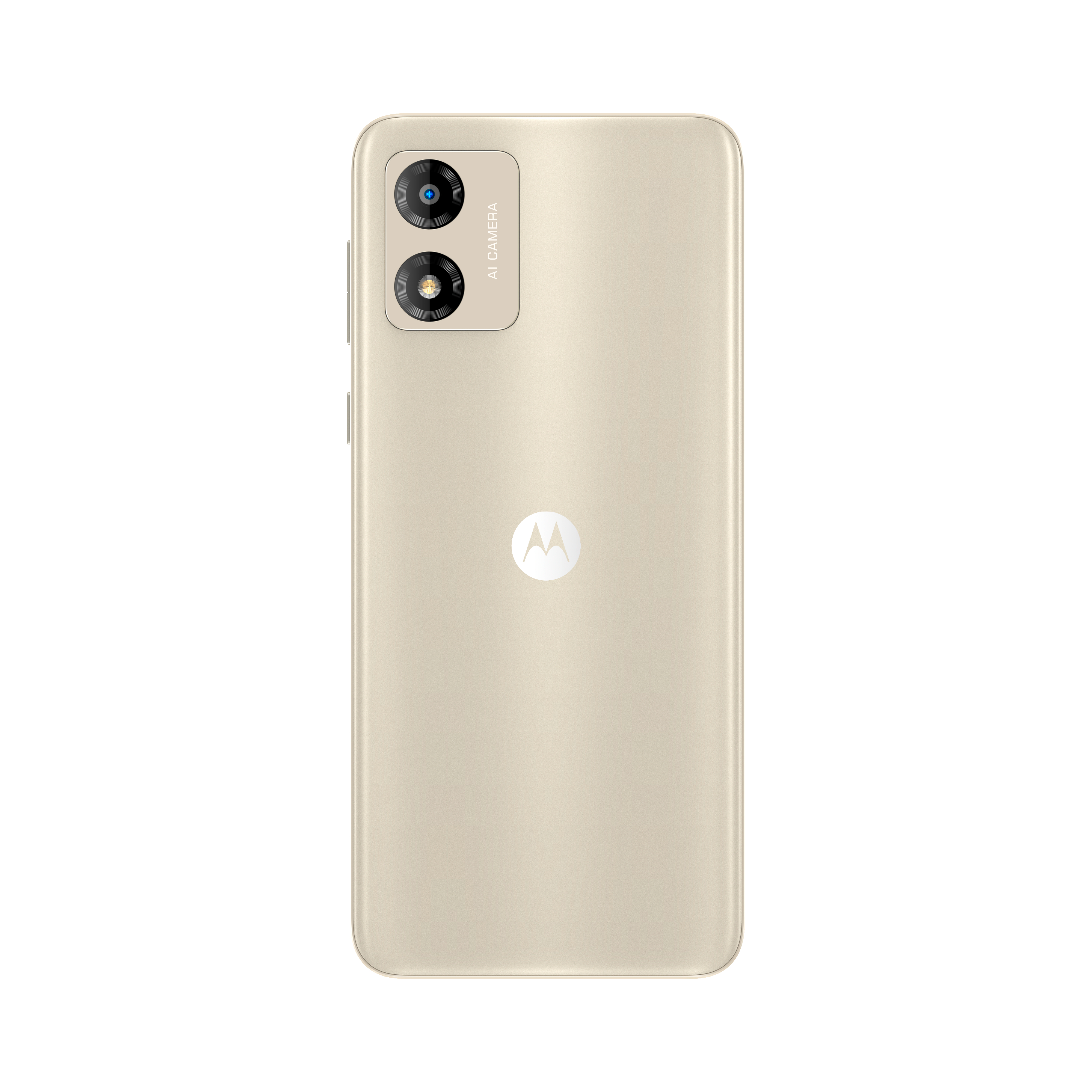 Rückseite eines goldfarbenen Smartphones mit zwei Kameras und dem Motorola-Logo.