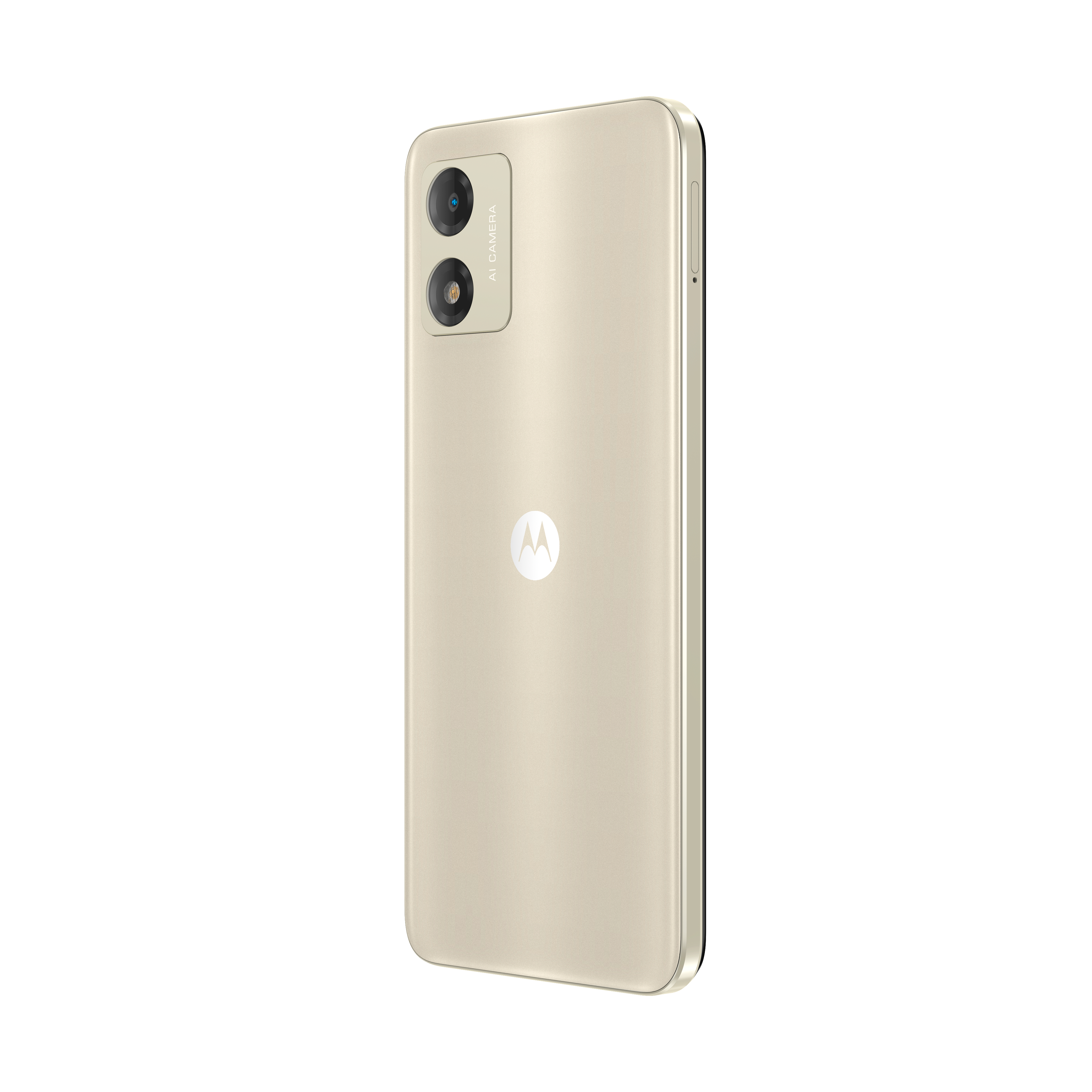 Die Rückseite eines goldenen Smartphones. Dual-Kamera und Logo sichtbar. Das Telefon ist abgewinkelt.