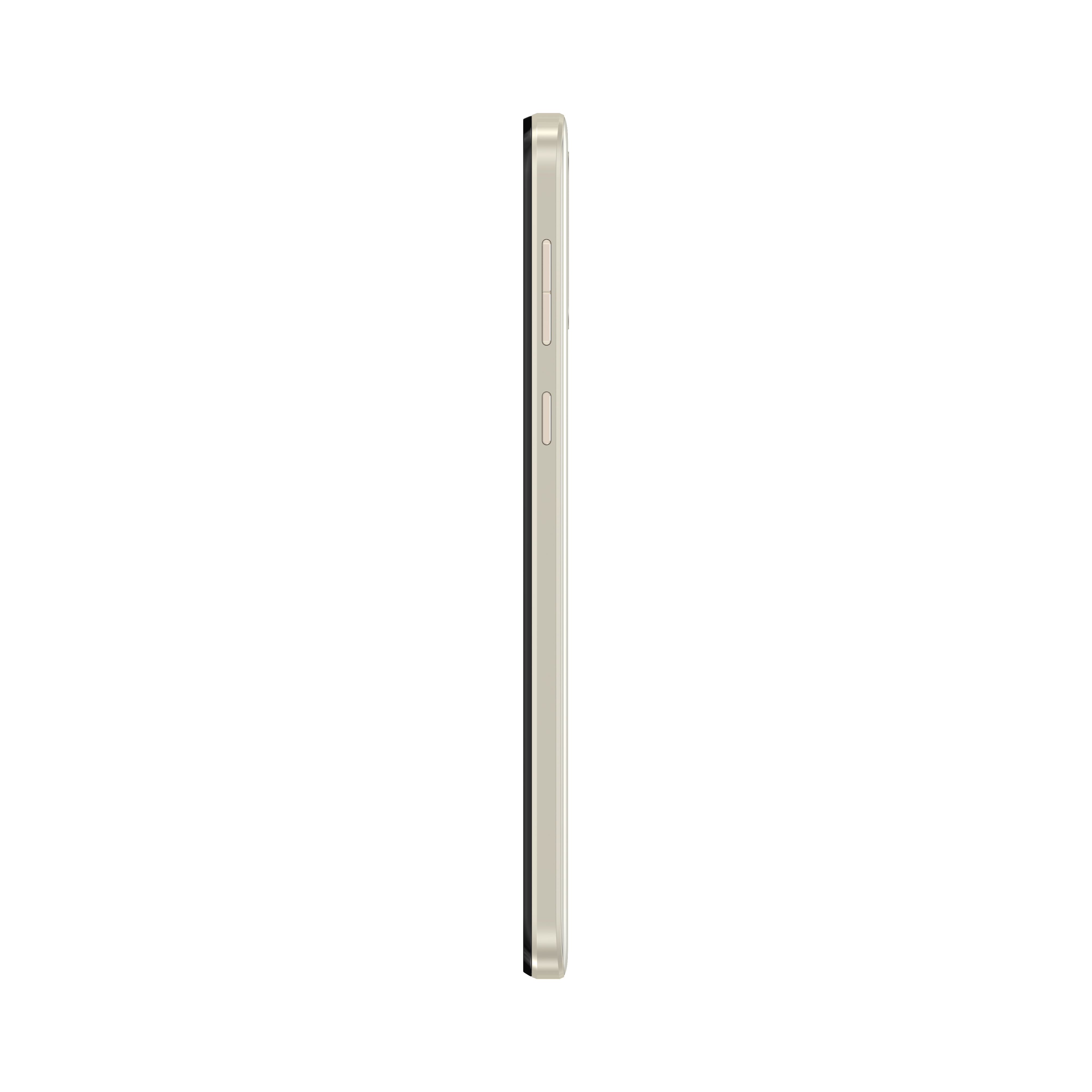 Seitenansicht eines goldfarbenen Smartphones auf weißem Hintergrund, zeigt den Rand.