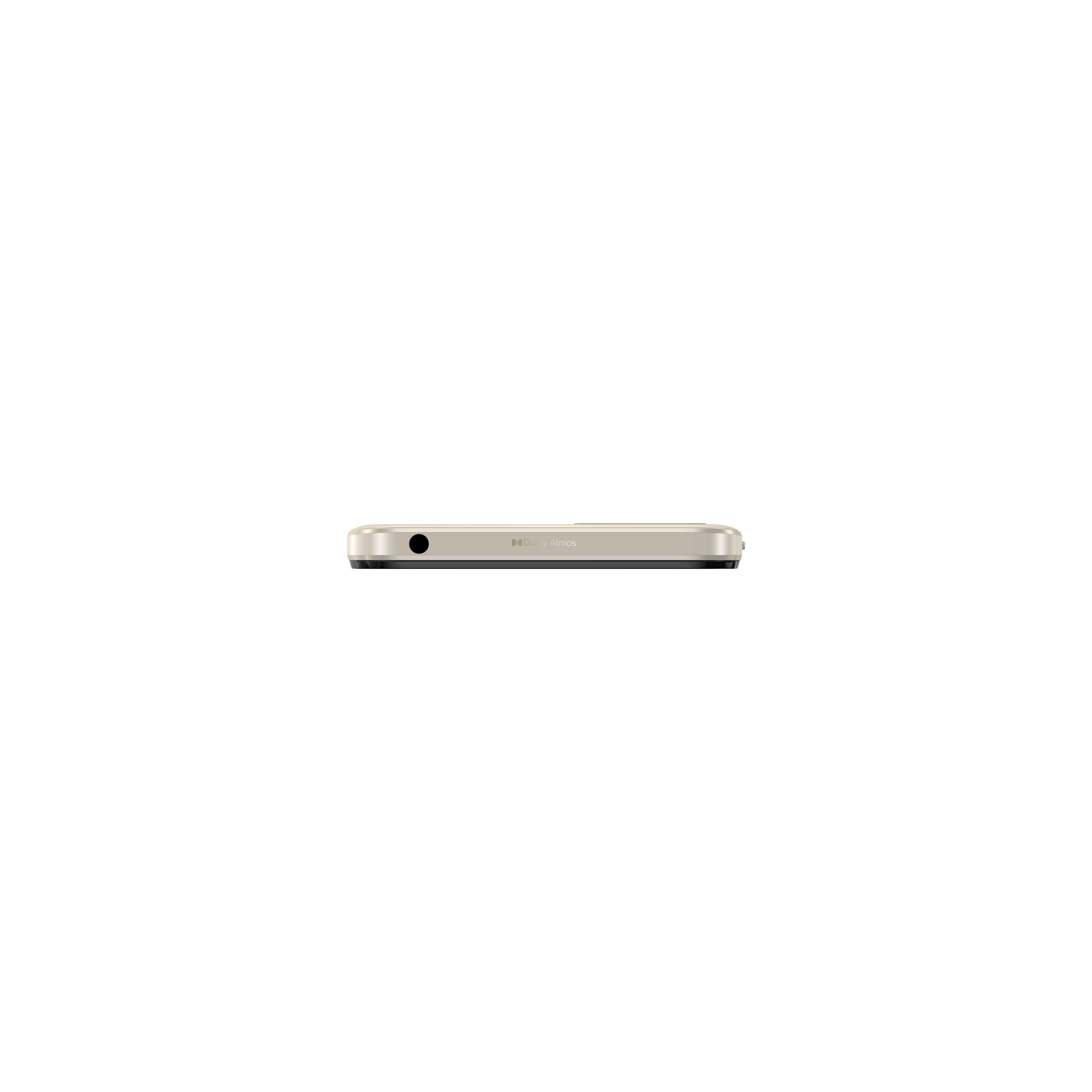 Draufsicht auf ein beige farbenes Telefon. Weißer Hintergrund.