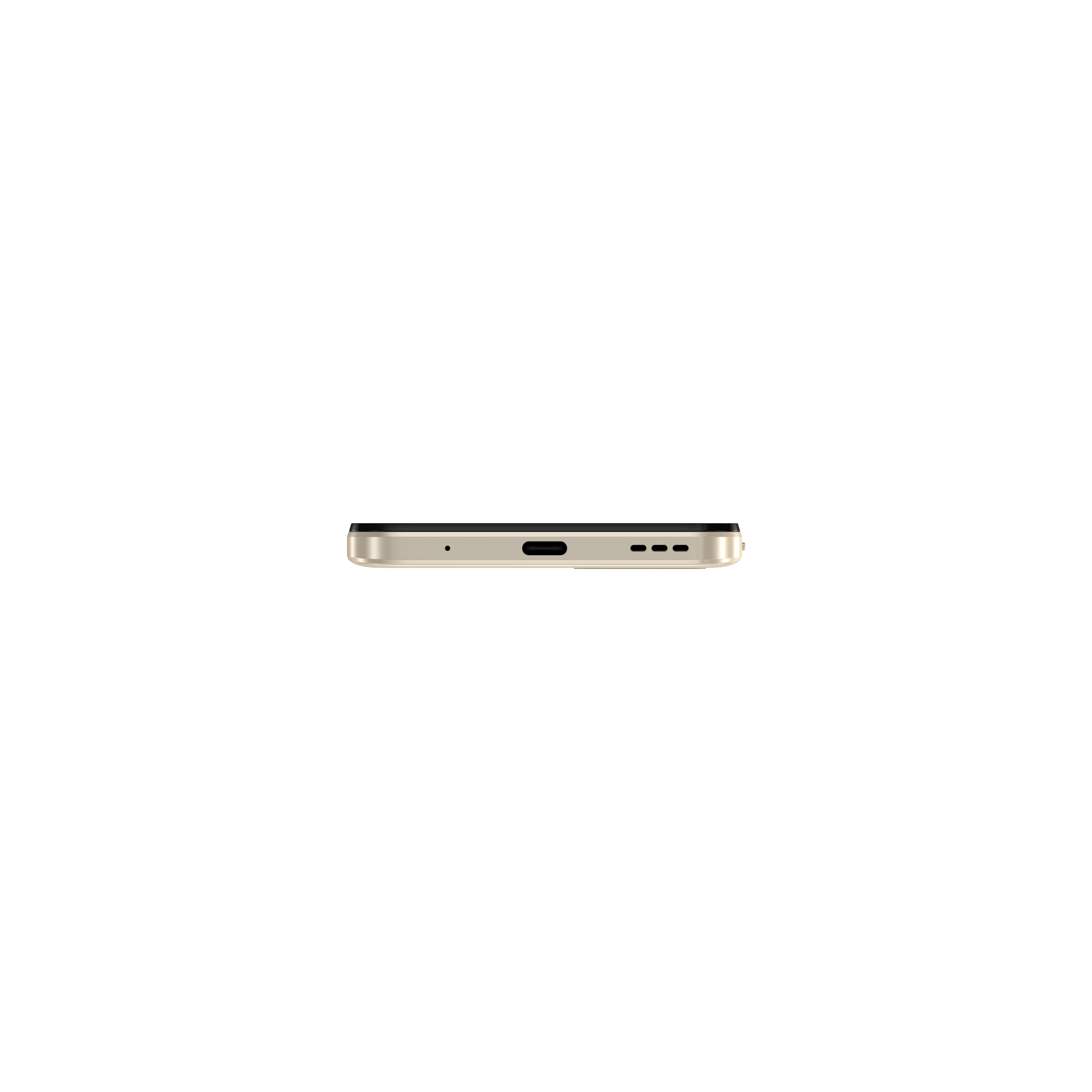 Die Unterkante eines goldenen Smartphones mit sichtbarem Ladeanschluss und Lautsprechern.