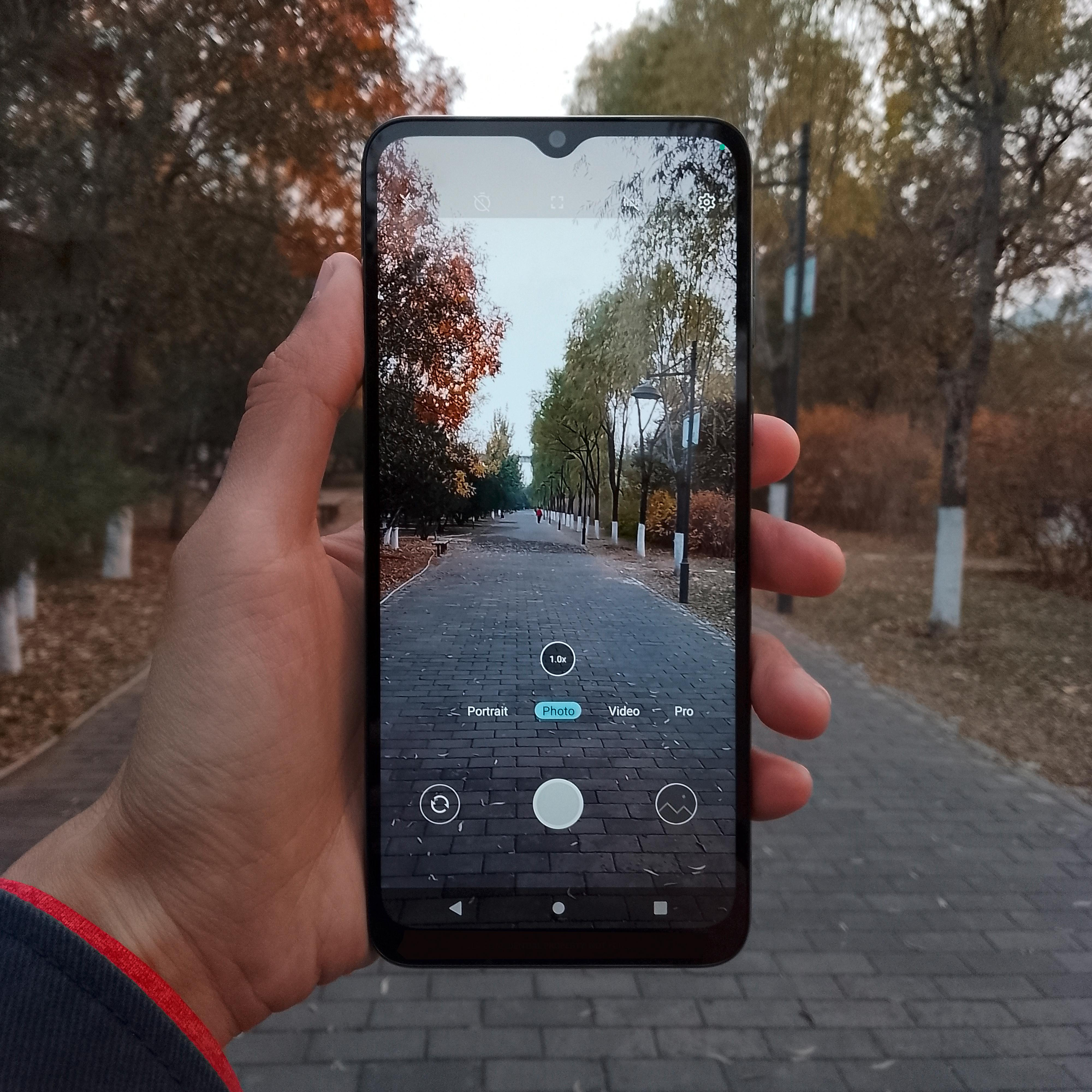 Hand hält Smartphone, das ein Foto von einem Parkweg mit Bäumen macht. Telefon zeigt Fotomodus.