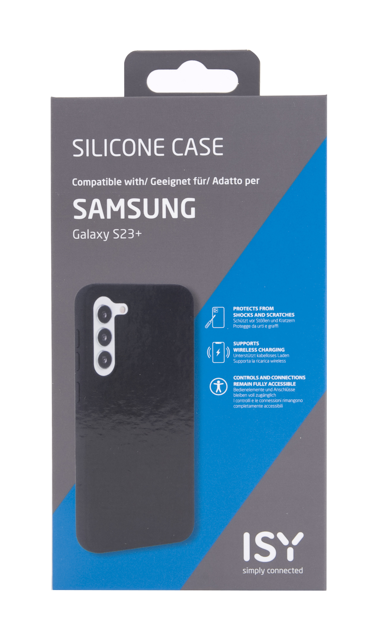 Schwarze Silikonhülle für Samsung Galaxy S23+. Box zeigt Hülle und Funktionen.