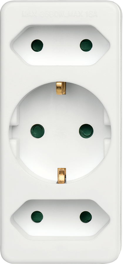 A white power outlet with three sockets. It is a vertical design.