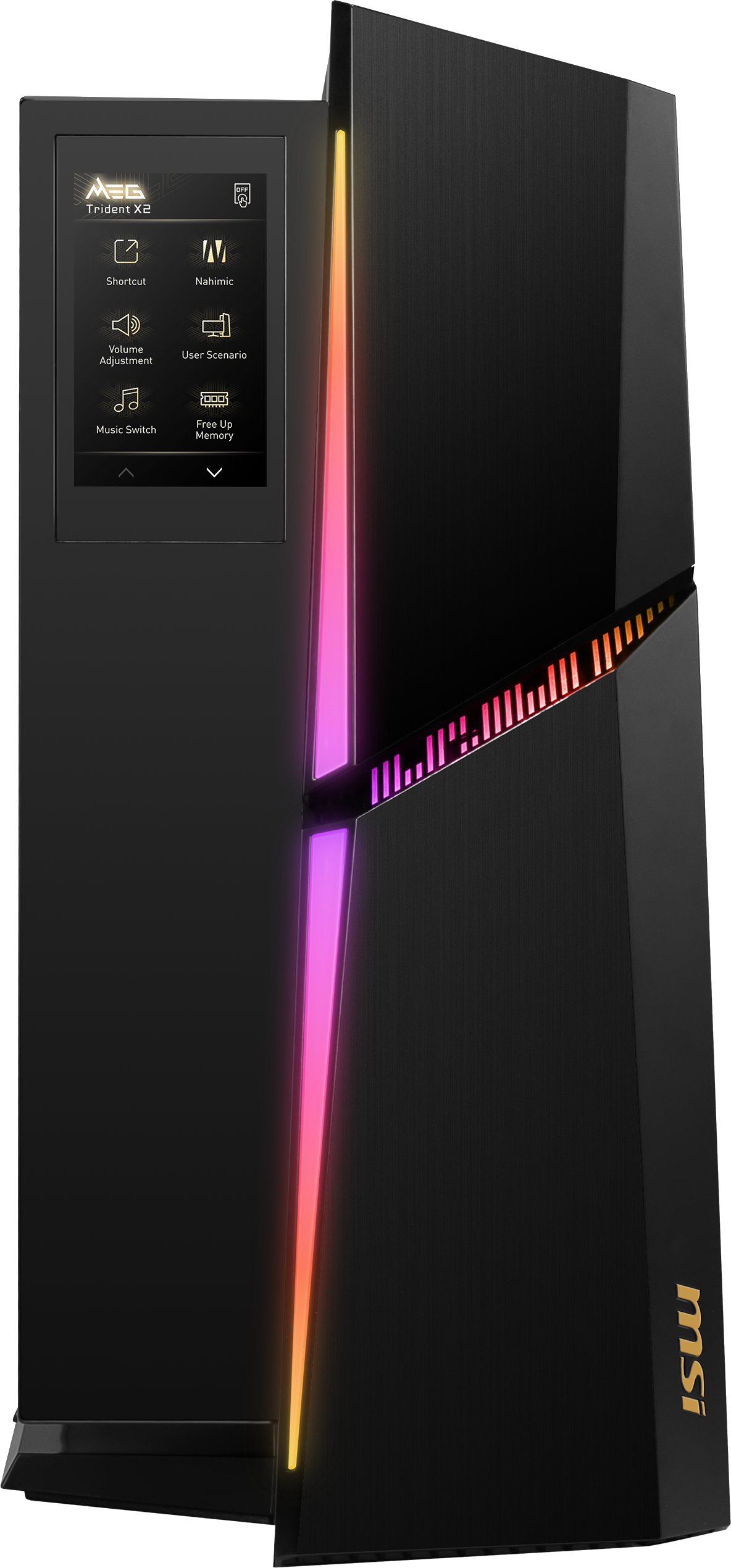 Ein schwarzer MSI-Computerturm mit RGB-Beleuchtung und einem Bildschirm auf der Vorderseite.