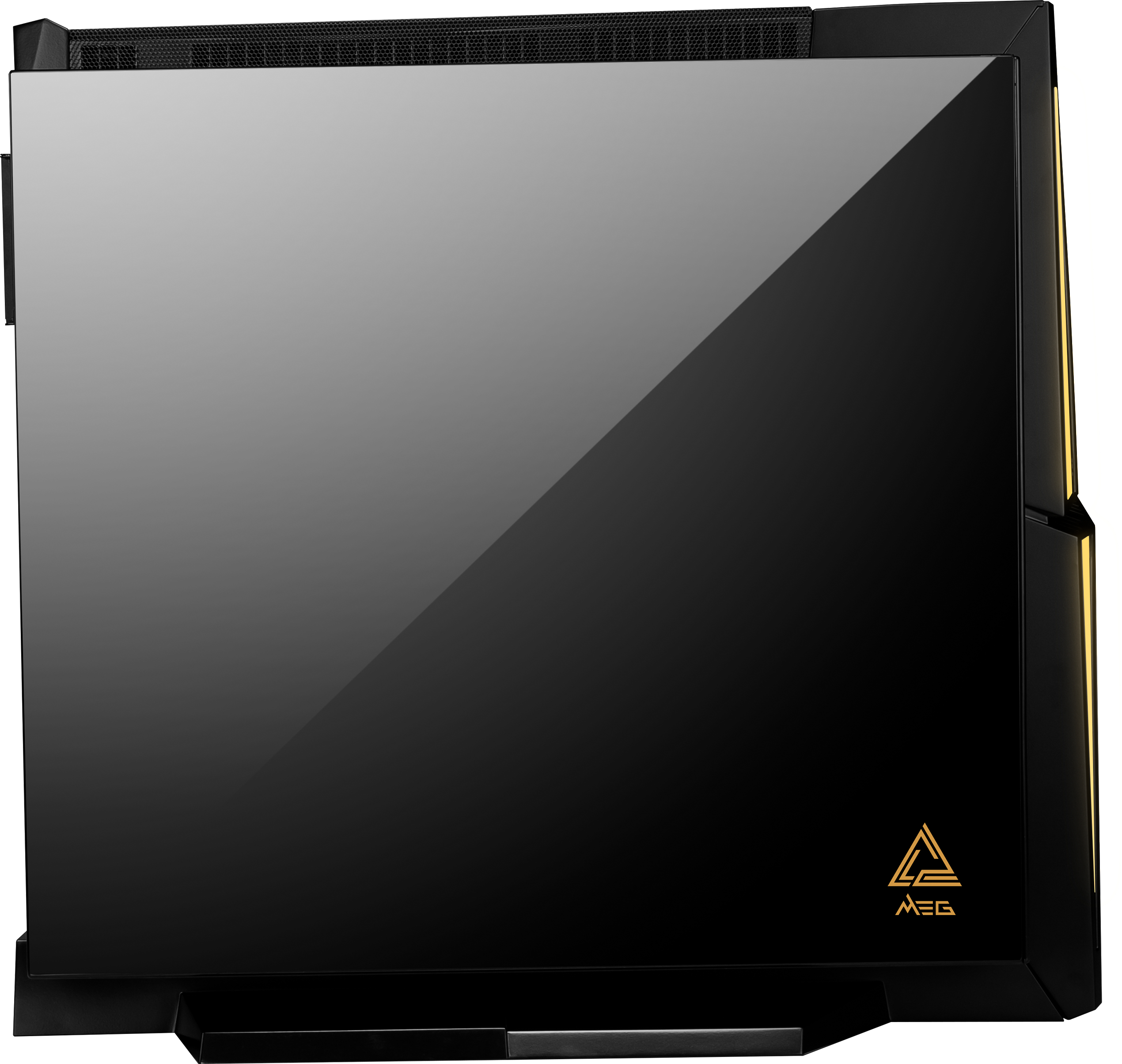 Schwarzes Computergehäuse mit Glasplatte und Logo.