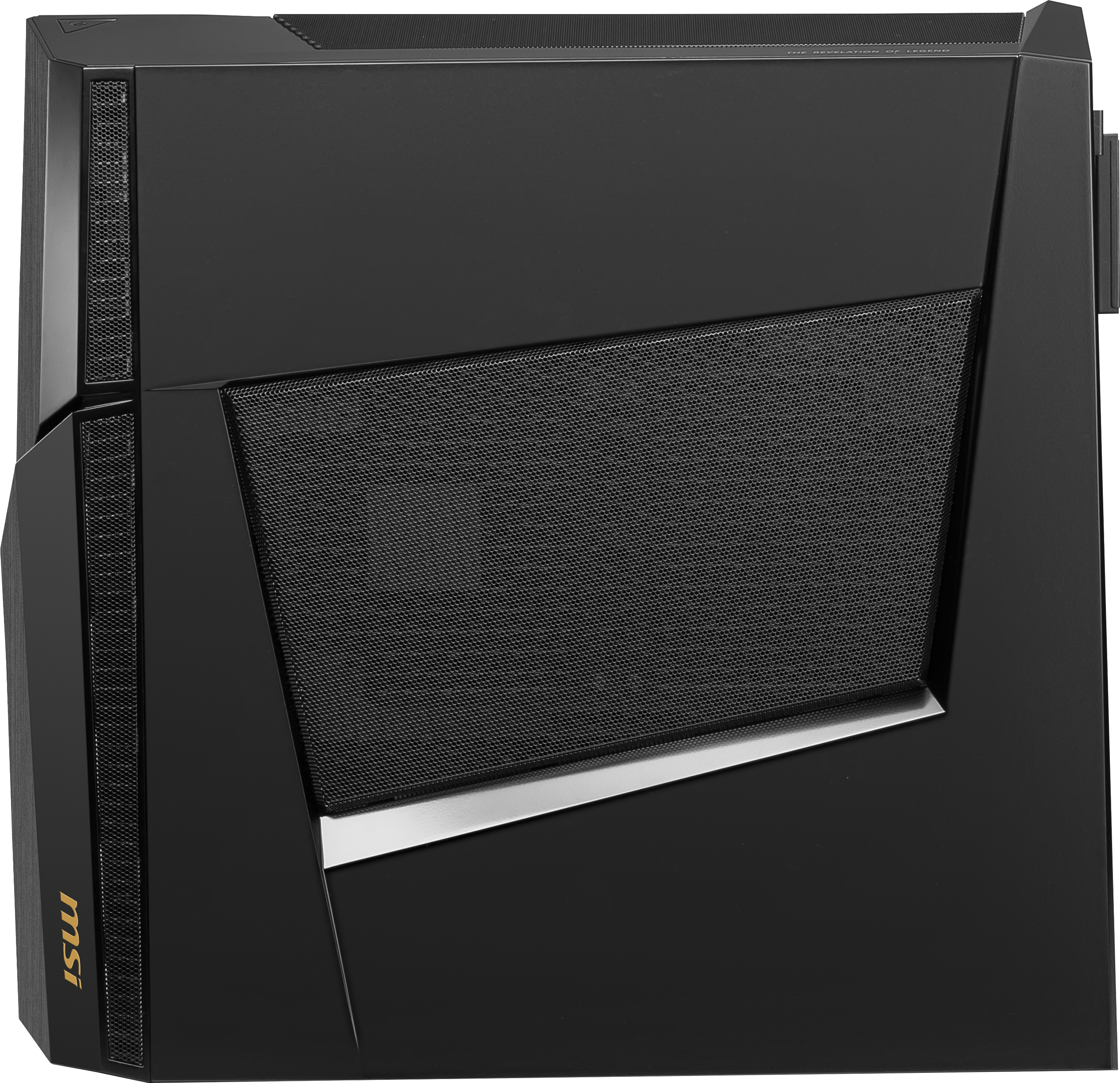 Schwarzes MSI Gaming-PC-Gehäuse, diagonale Ansicht, mit einem Mesh-Seitenteil und dem MSI-Logo an der Seite.