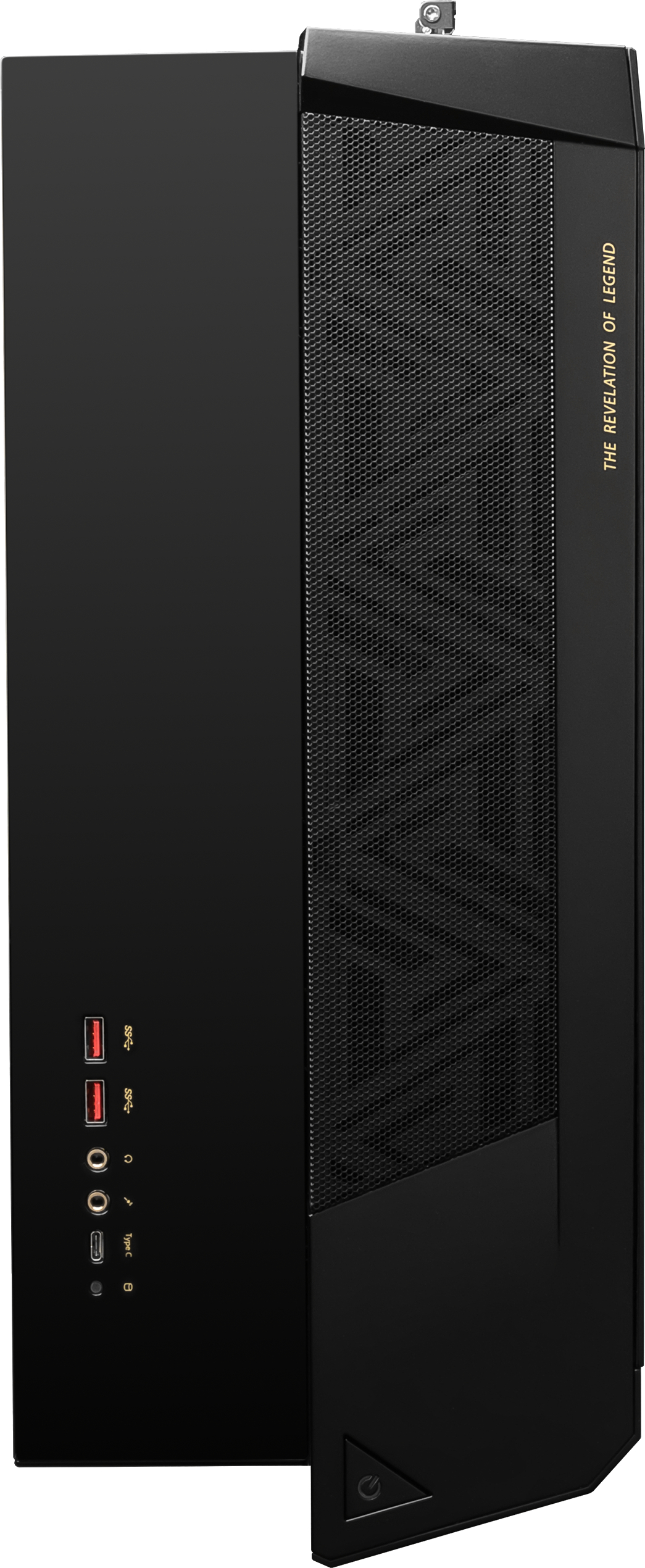 Schwarzes Computergehäuse mit Mesh-Panel und verschiedenen Anschlüssen an der Seite, mit Text.