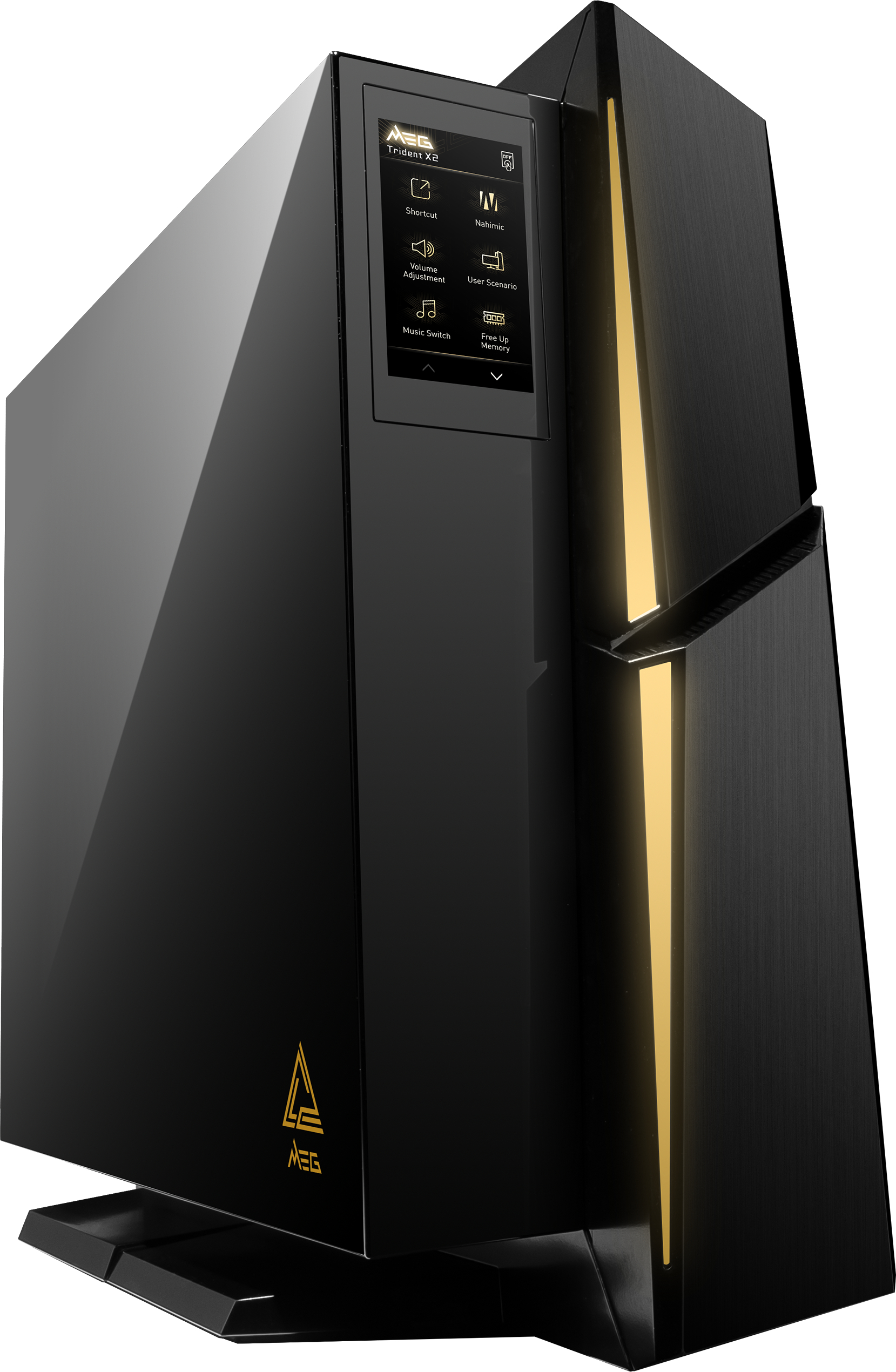 Schwarzer und goldener Computerturm mit einem Bildschirm, der Optionen anzeigt.