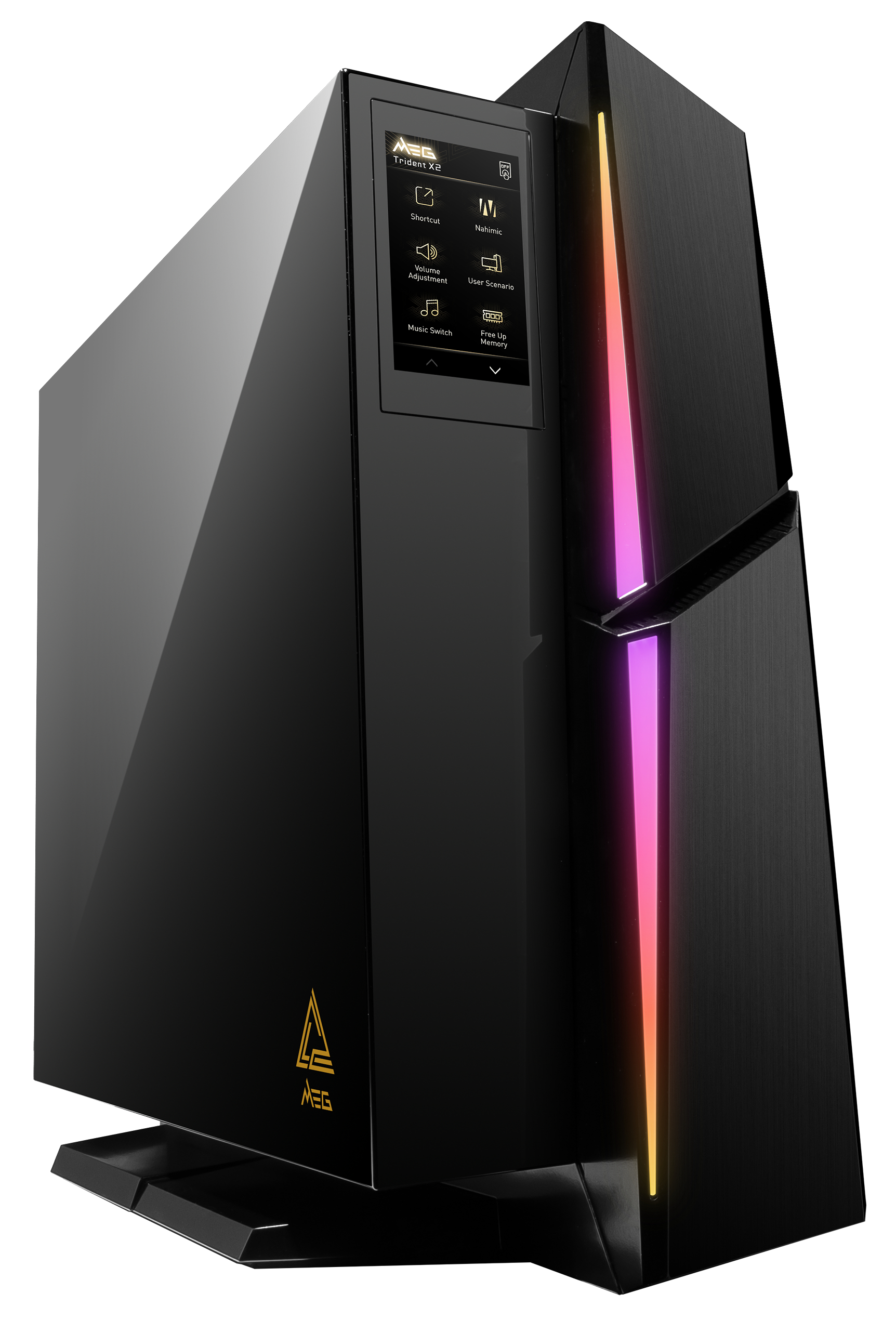 Schwarzer Gaming-PC-Tower mit Bildschirm und RGB-Beleuchtung.