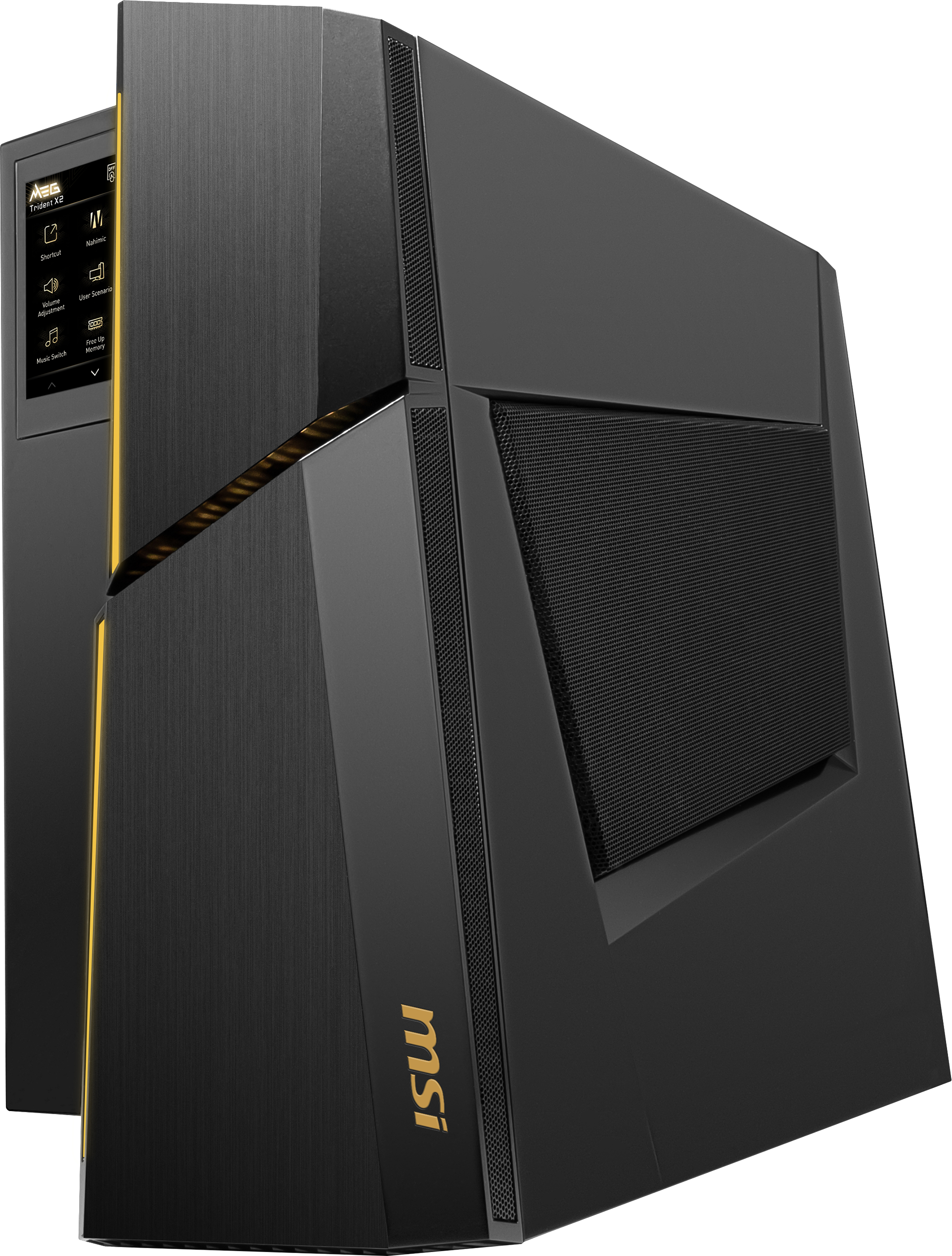 Schwarzer MSI Gaming-PC. Seitenwand mit Bildschirm und goldenen Akzenten. MSI-Logo auf der Vorderseite. Schwarz-Gold-Design.