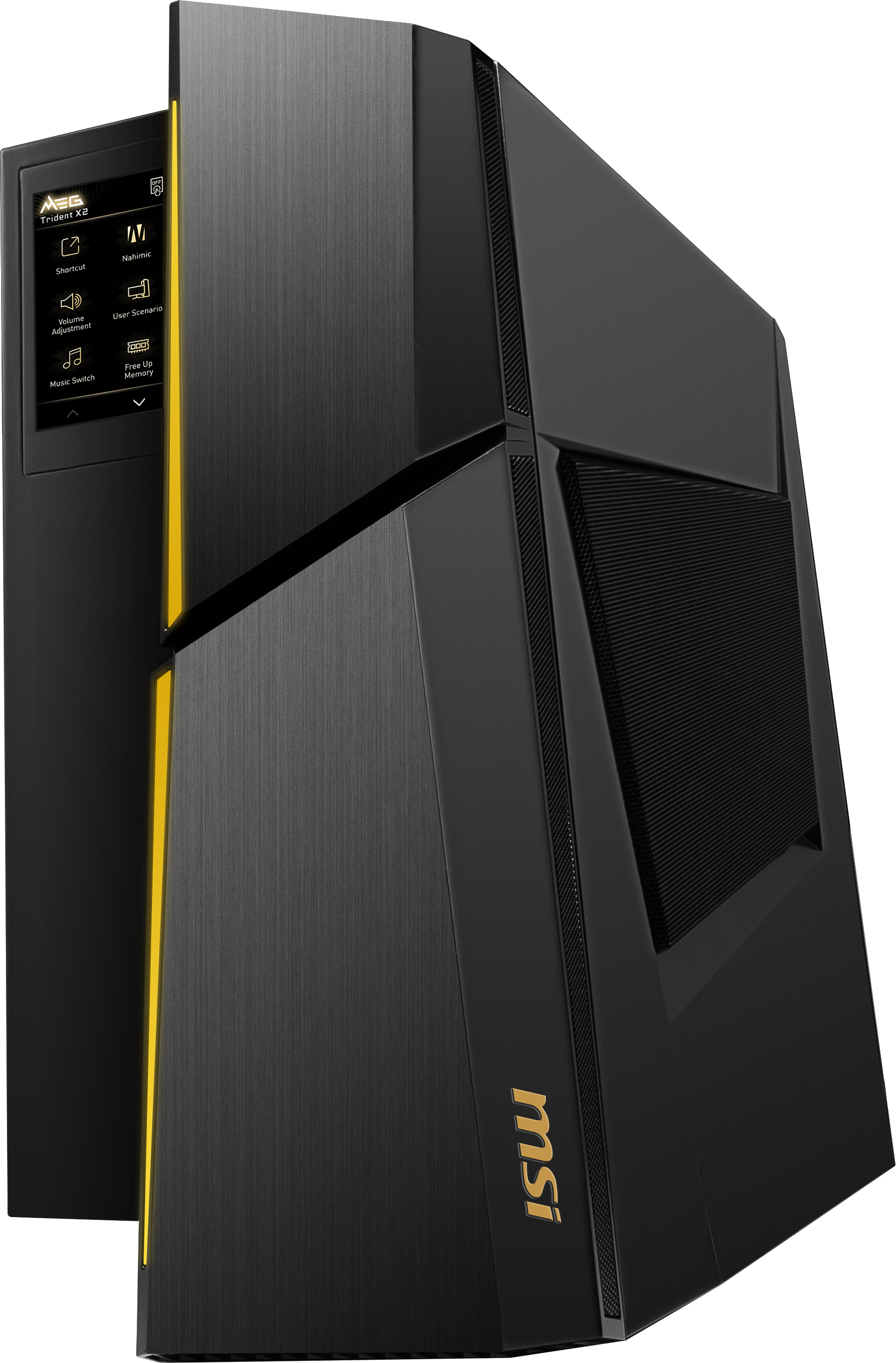 Schwarzer und gelber MSI Gaming-PC. Abgewinkelte Ansicht mit Bildschirm links.