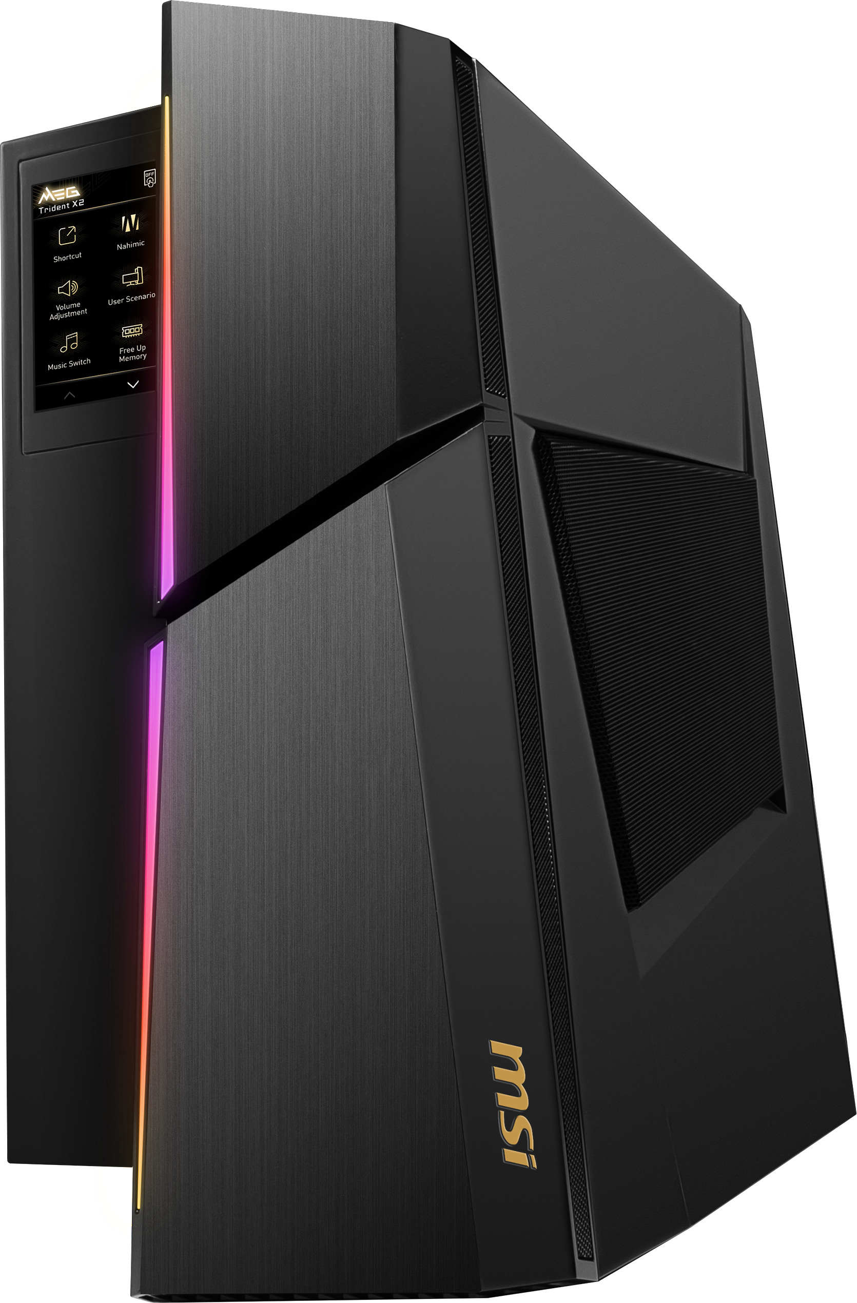 Schwarzer MSI Gaming-Desktop-Computer mit RGB-Beleuchtung an der Seite.