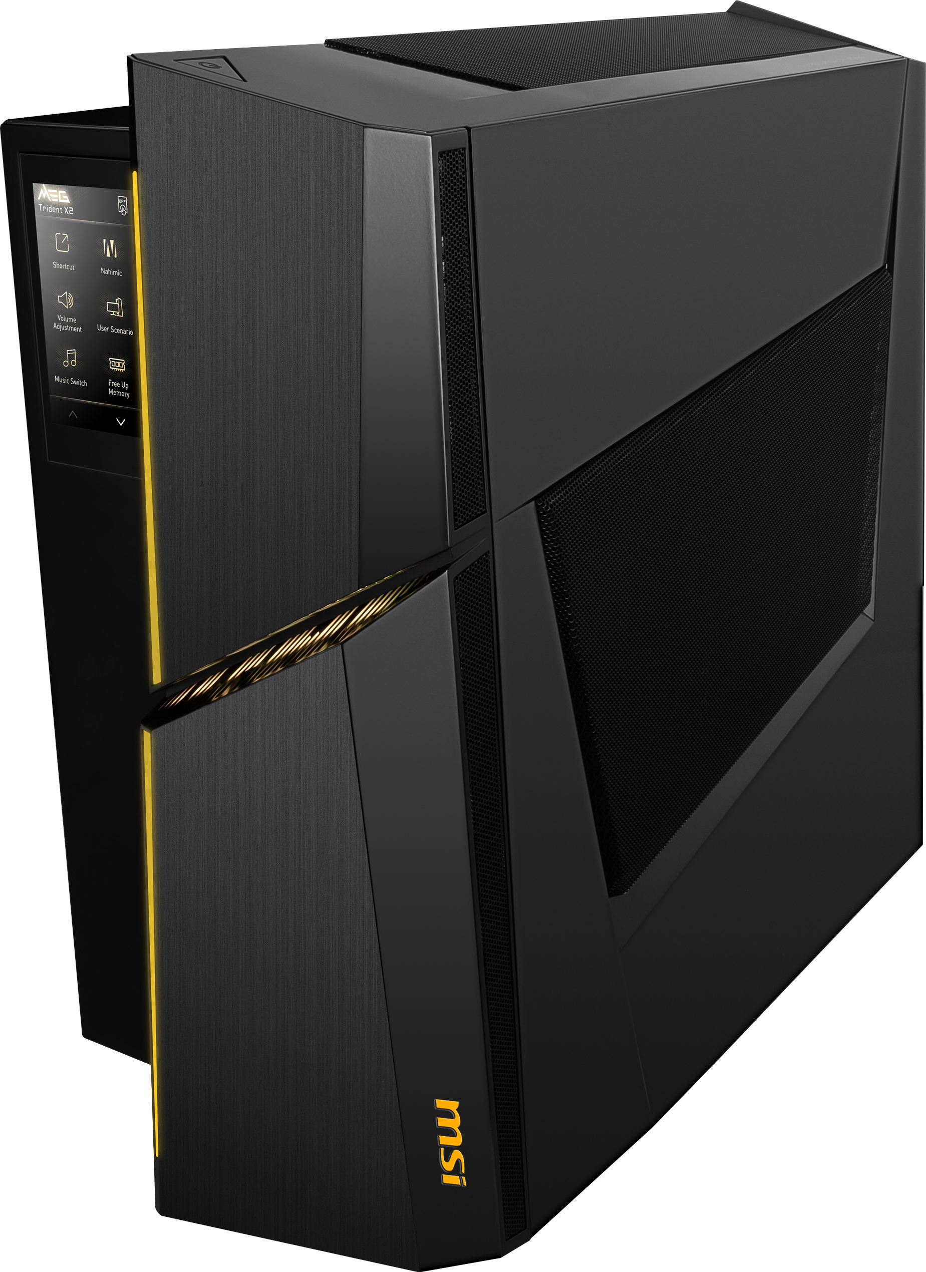 Schwarzes MSI PC-Gehäuse mit gelbem Akzent. Das Gehäuse hat eine Seitenwand aus Mesh.