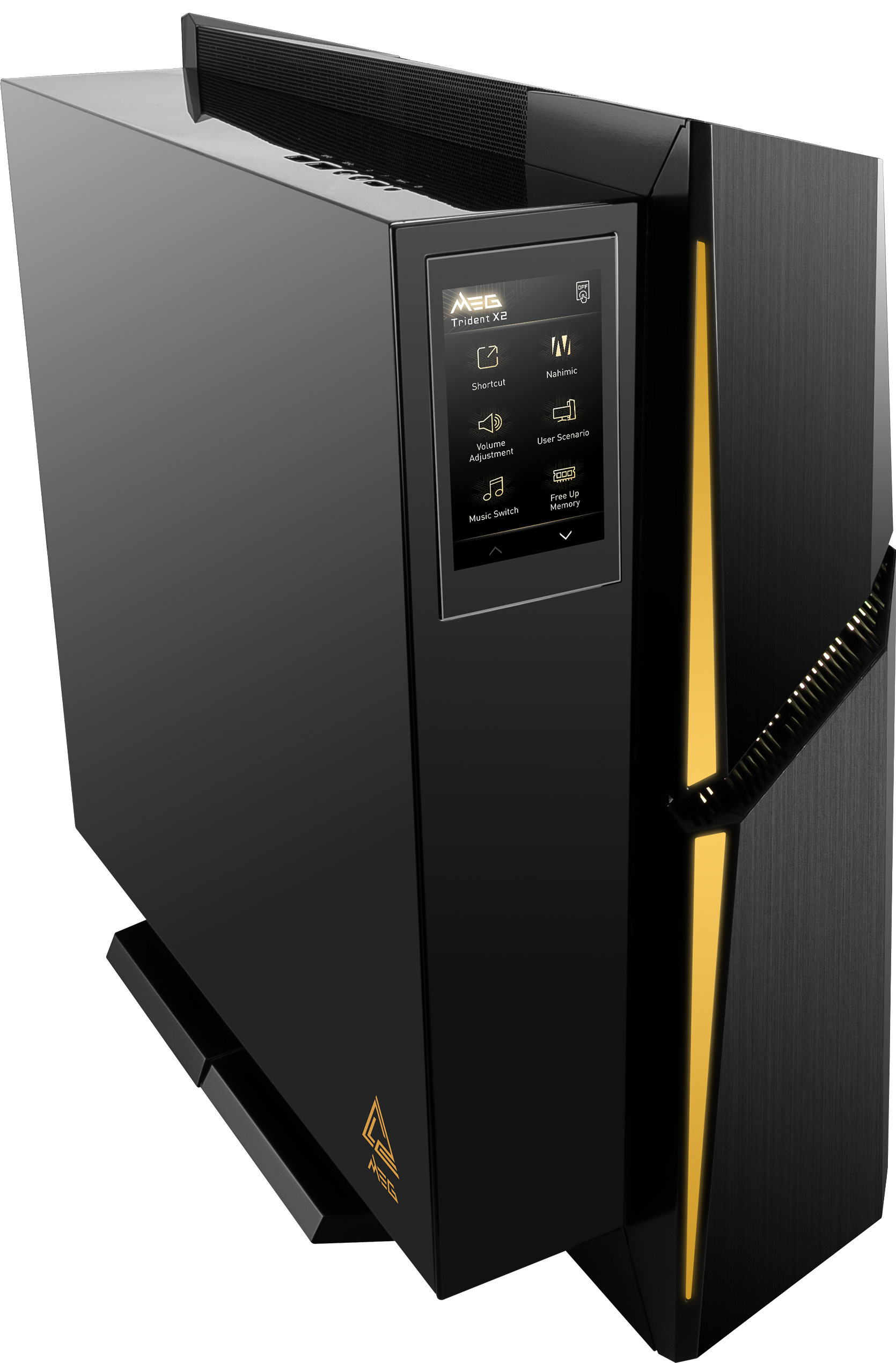 Ein schwarzer Computerturm mit einem Bildschirm und einem goldenen Streifen, der nach oben abgewinkelt ist.