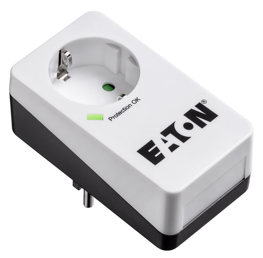Fehér-fekete hálózati adapter zöld 'Protection OK' fénnyel.