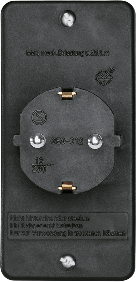 Black power outlet with three holes and text. It is a close-up shot.