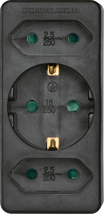Black power outlet with three sockets. White background.