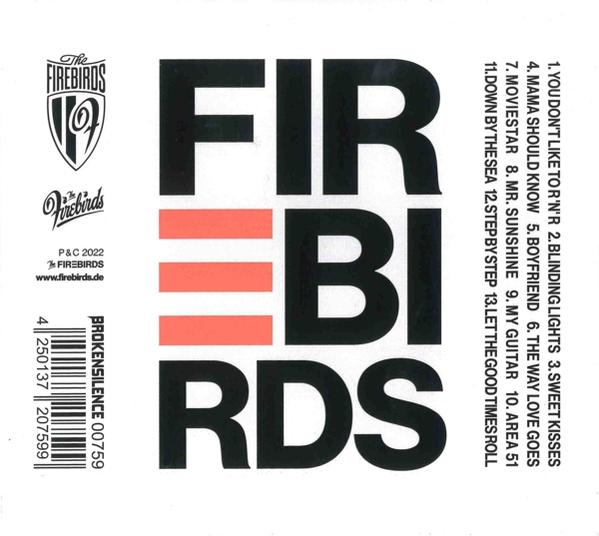 CD-Cover. Schwarz-Weiß-Text, orangefarbene Balken und ein Logo. Die Band The Firebirds.