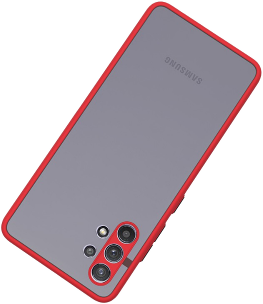 Piros keretes telefontok. Szürke telefon, három kamerával. A háttér fehér.