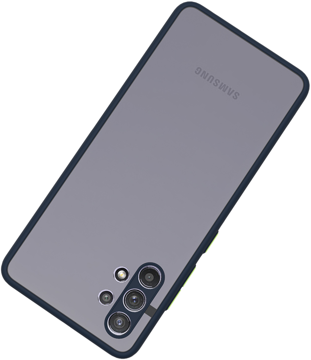 Egy telefontok szürke háttal és kék oldallal, a Samsung logóval.