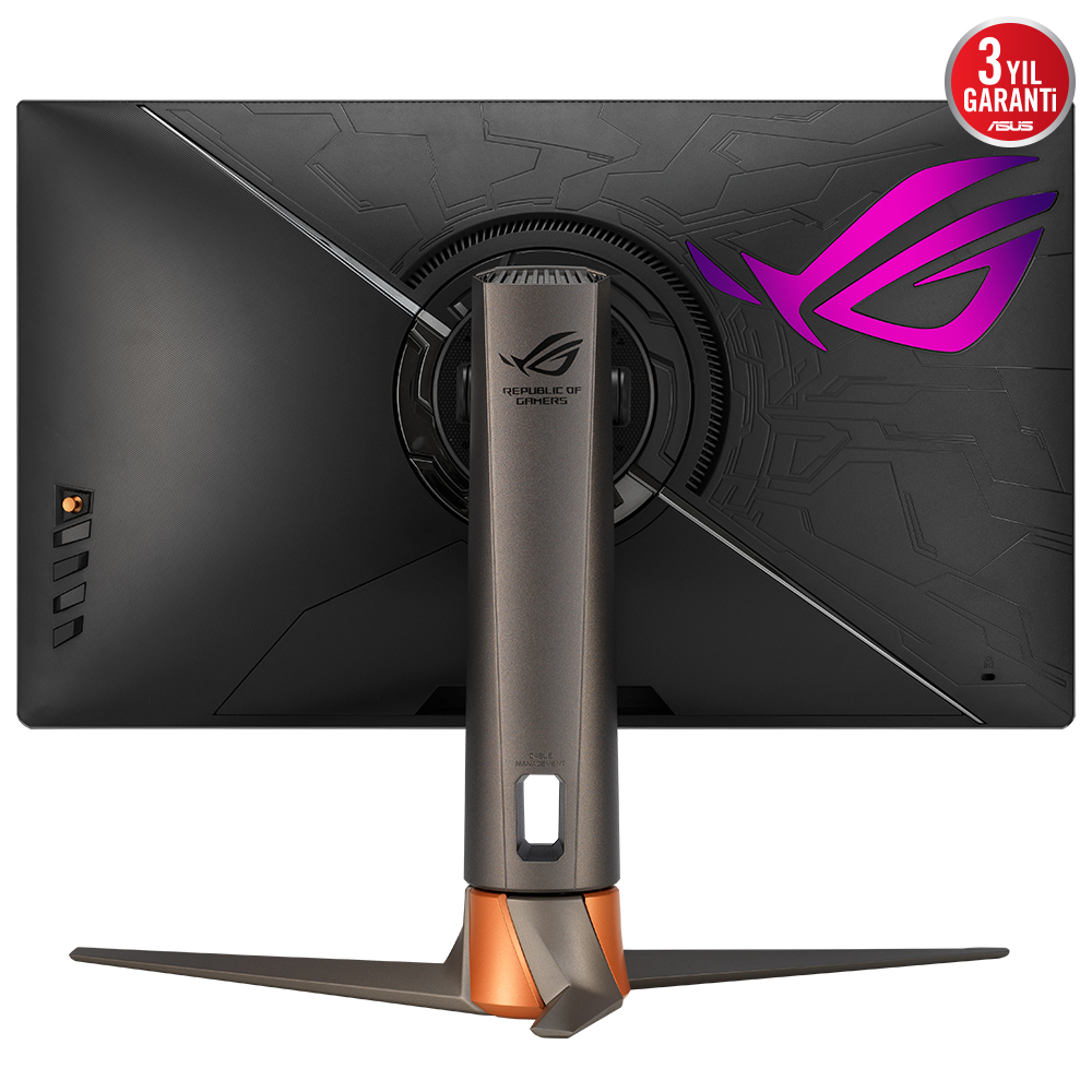 Koyu tasarım ve mor ROG logolu bir ASUS oyun monitörünün arkası, bir stand ile.