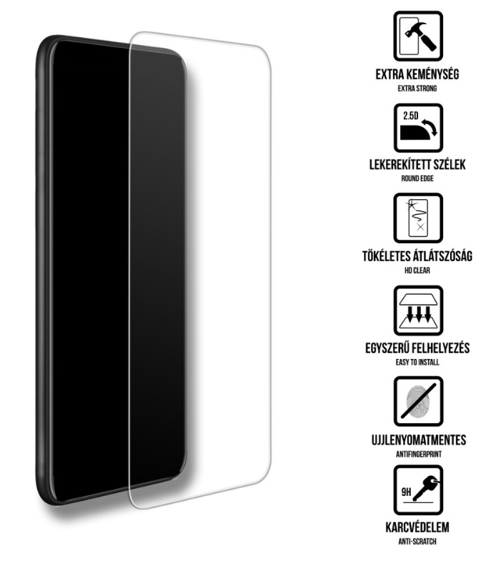 Egy átlátszó képernyővédő egy fekete telefon mellett, funkciókat leíró ikonokkal.
