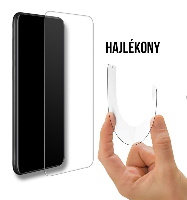 Egy átlátszó képernyővédő és egy telefon, a 'HAJLÉKONY' szóval feketén.