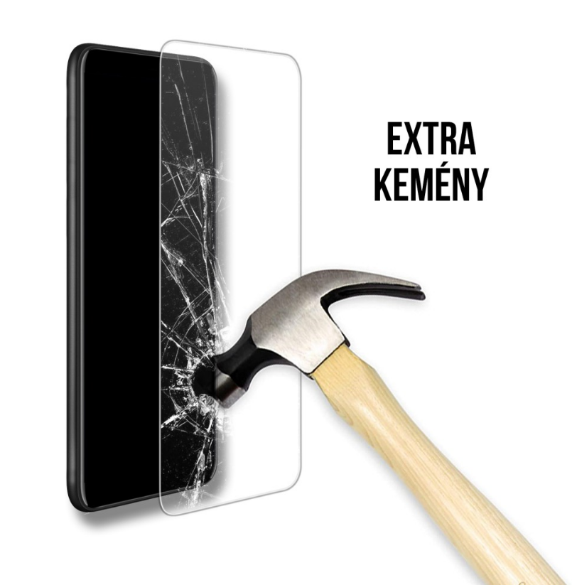 Kalapács üti a képernyővédőt, megrepedt, a 'EXTRA KEMÉNY' szöveggel fehér háttéren.