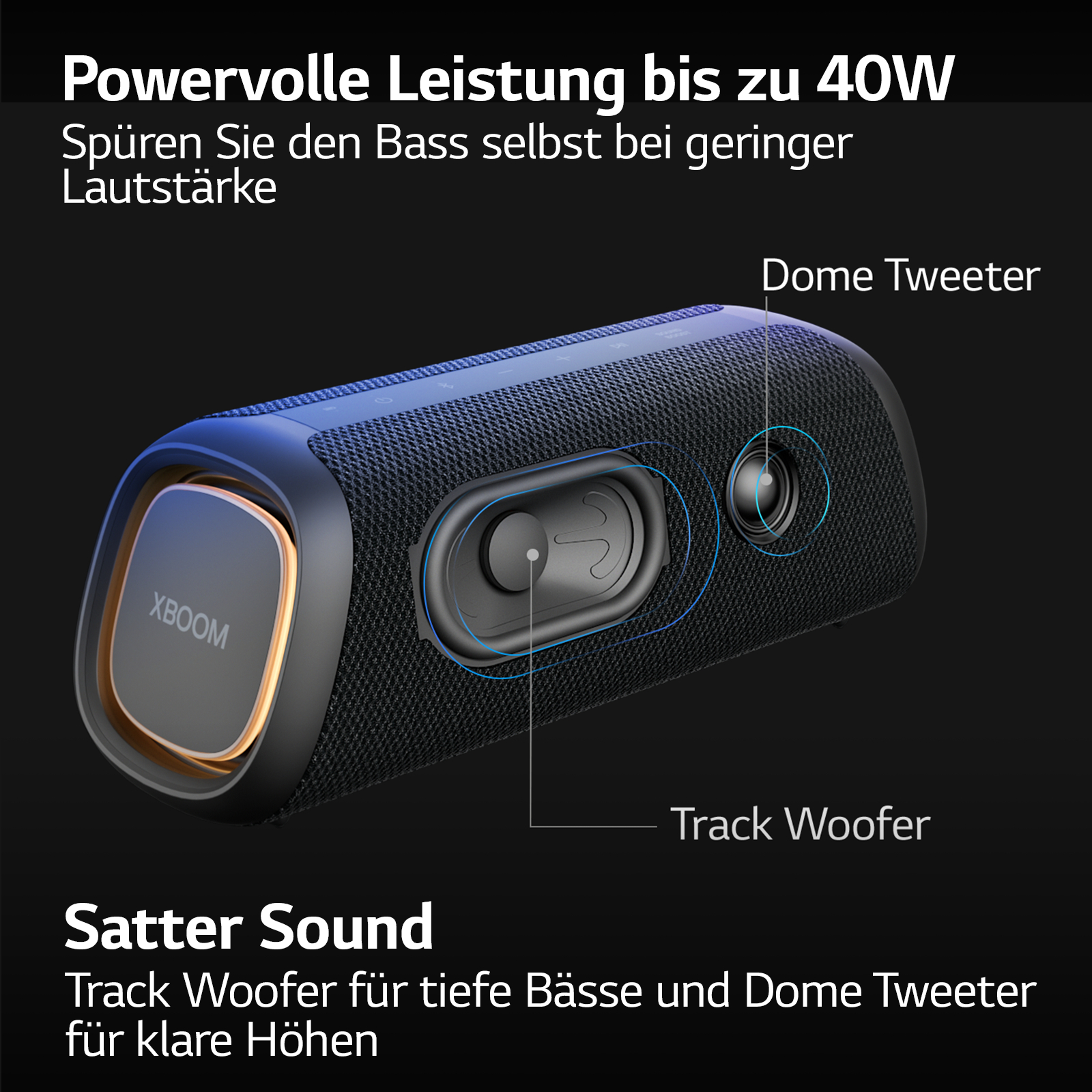 Schwarz-blauer Lautsprecher mit Textüberlagerung.