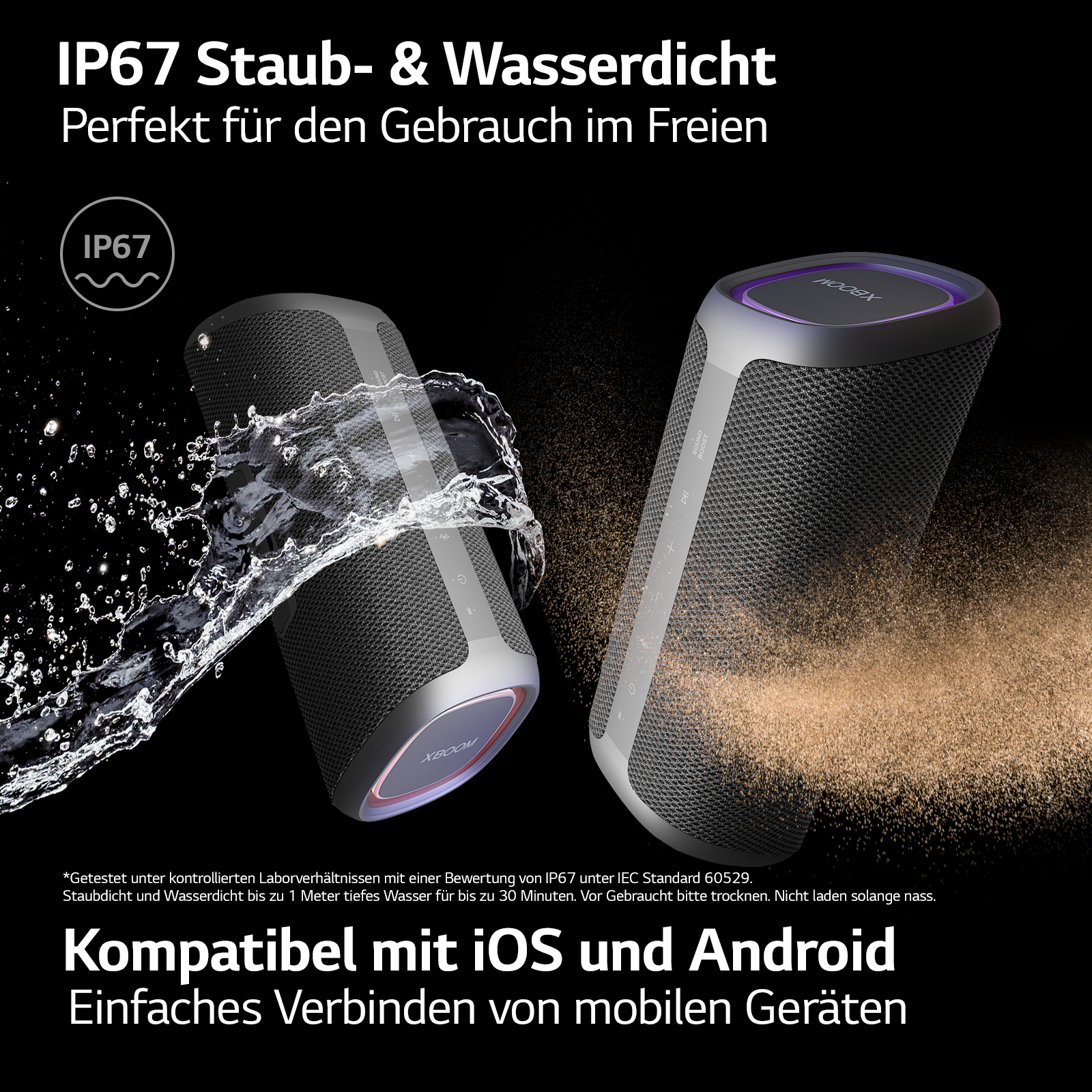 Zwei schwarze Lautsprecher mit spritzendem Wasser, auf schwarzem Hintergrund.