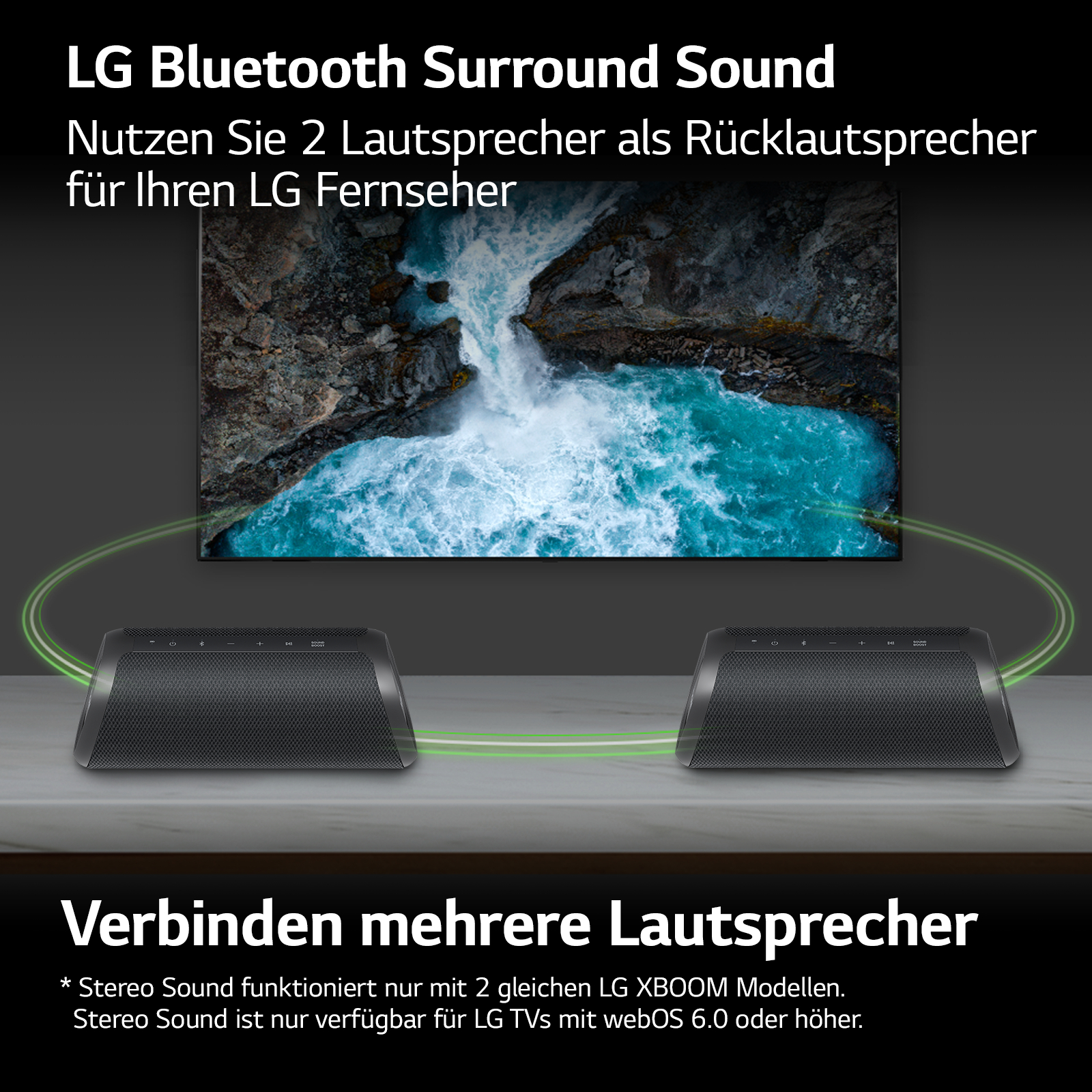 Zwei Lautsprecher mit einem Fernseher, der eine Wasserfallszene zeigt, mit Text für Surround-Sound.