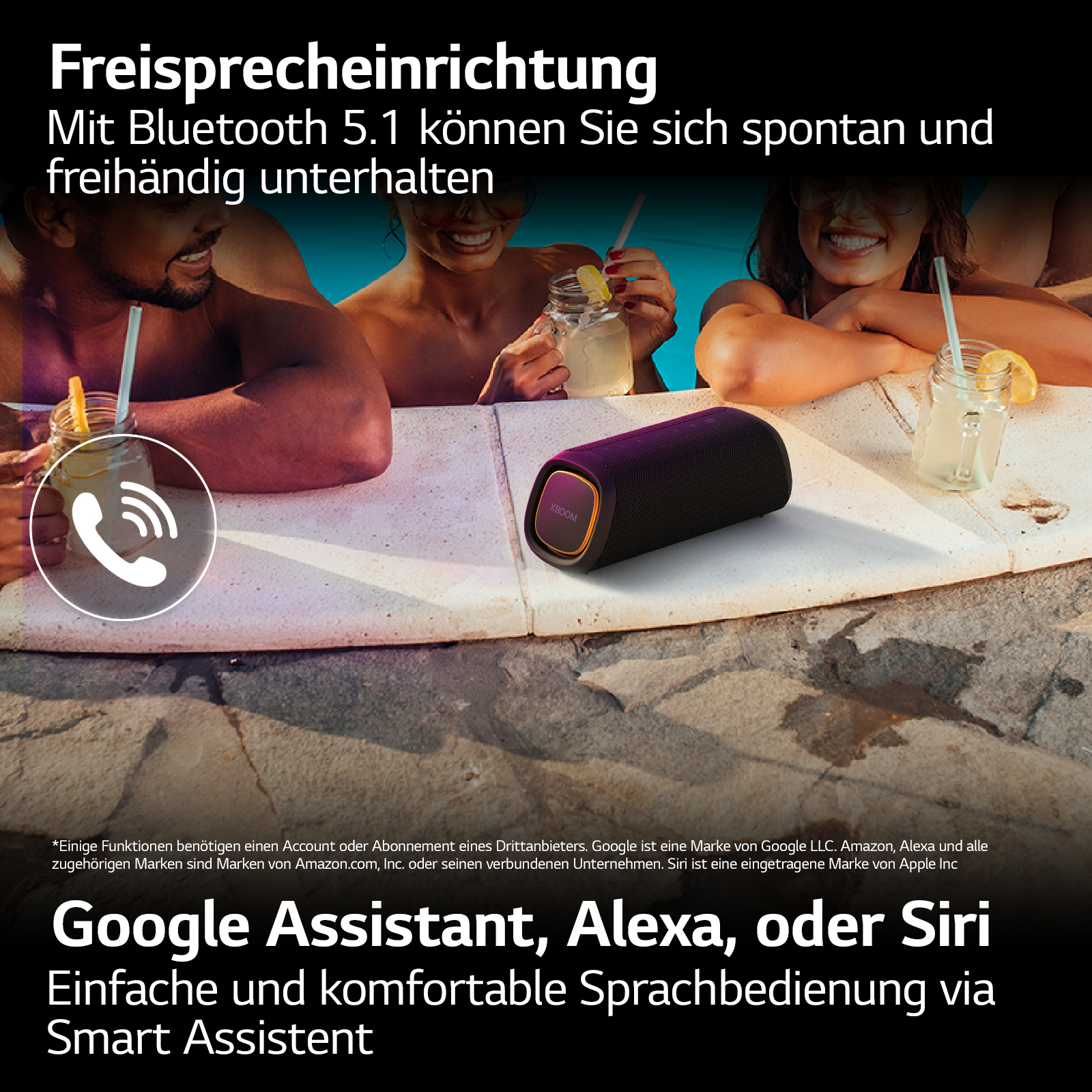Leute am Pool mit Getränken, ein schwarzer Lautsprecher und ein Telefonsymbol.