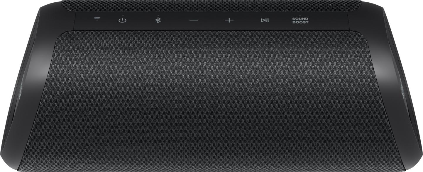 Schwarze rechteckige LG Soundbar mit Mesh-Gitter, Bedienelementen und Sound Boost-Label.