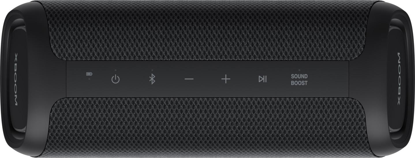 Ein schwarzer LG XBOOM-Lautsprecher mit Tasten und dem XBOOM-Logo.