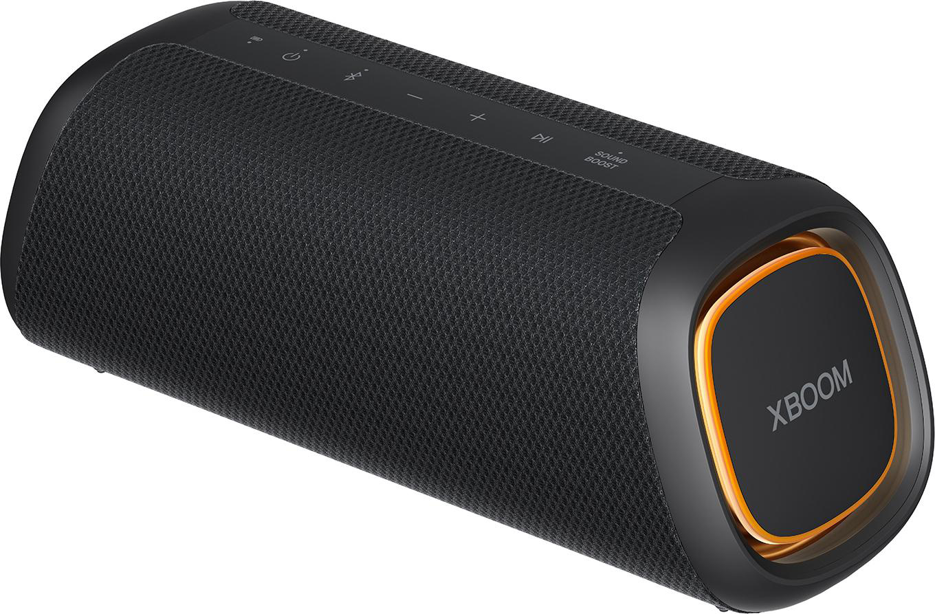 Ein schwarzer tragbarer Lautsprecher von LG XBOOM.