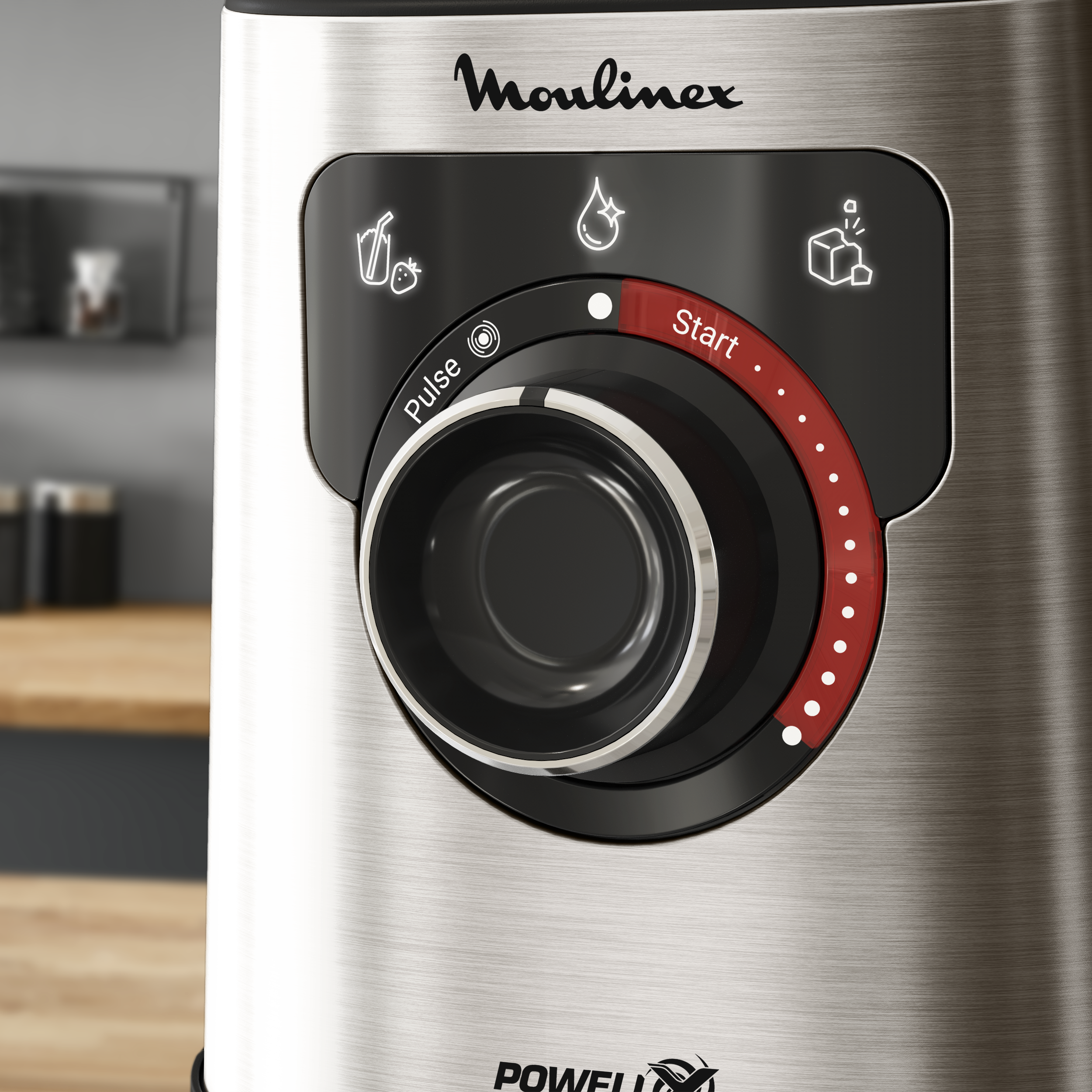 Un primer plano del panel de control de una licuadora Moulinex. Tiene botones y un dial con una línea roja.