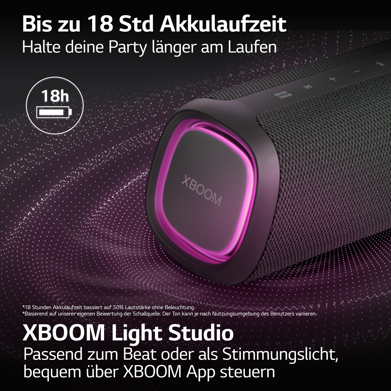 Schwarzer Lautsprecher mit pinken Akzenten und dem Wort XBOOM. Text lautet: bis zu 18h Akkulaufzeit und XBOOM Light Studio.