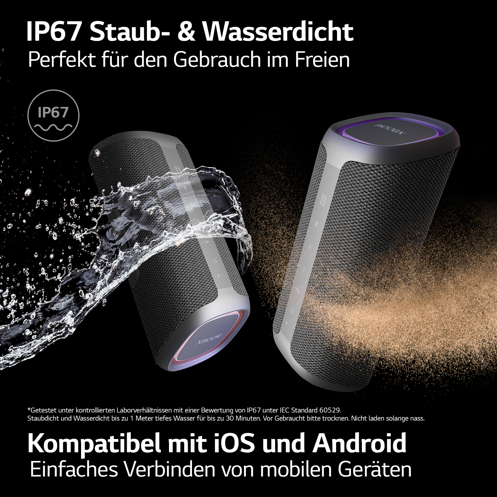 Zwei Lautsprecher mit IP67 Wasserdichtigkeit. Spritzeffekt und Staubpartikel sichtbar.