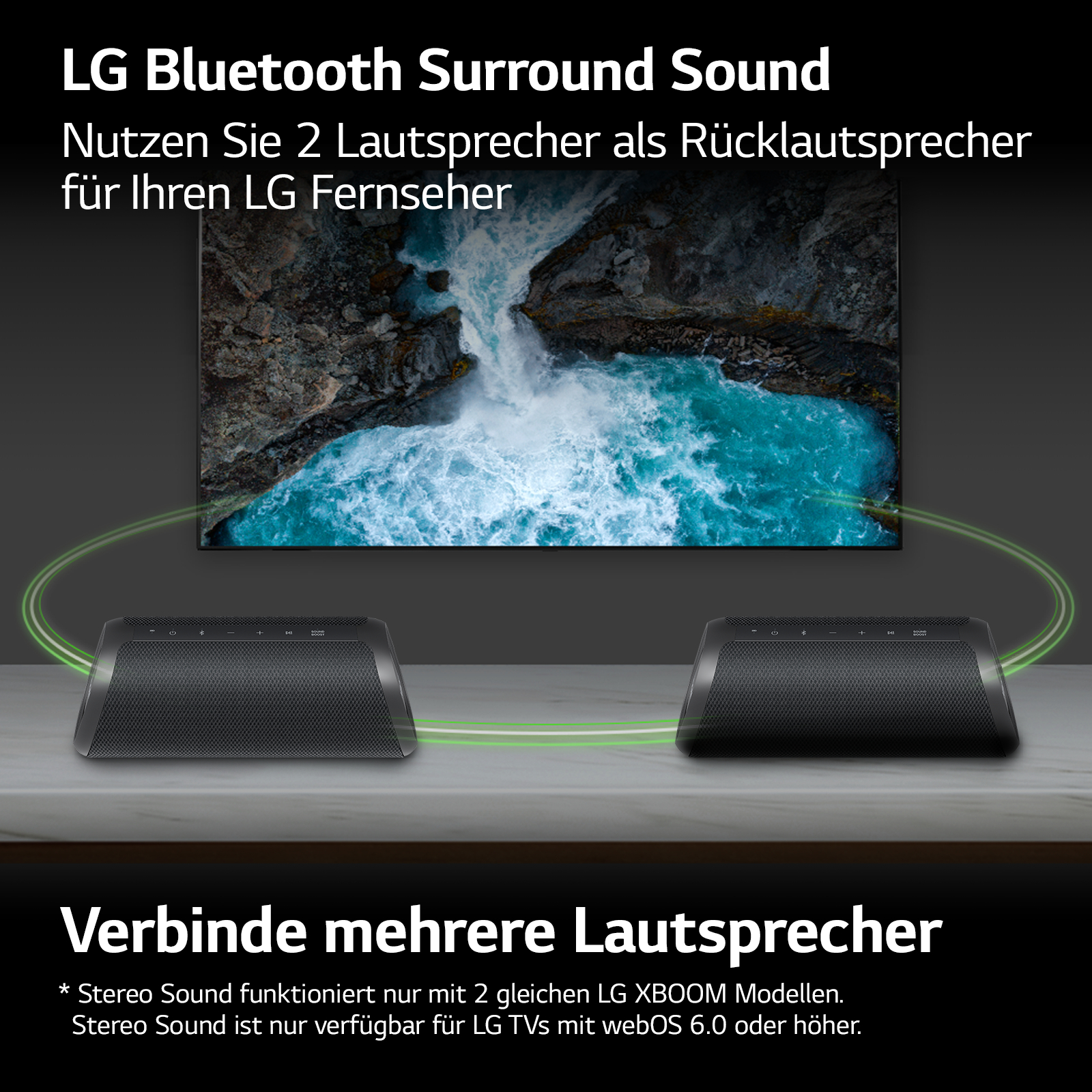 Zwei schwarze Lautsprecher mit Text, zeigen TV- und Lautsprecher-Setup, auf einem Tisch.