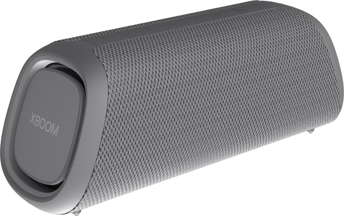 Grauer tragbarer Lautsprecher LG XBOOM mit Mesh-Lautsprechergrill und abgewinkelter Endkappe.