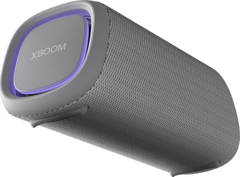 Grauer XBOOM-Lautsprecher mit abgerundetem Design und einem lila Lichtring.