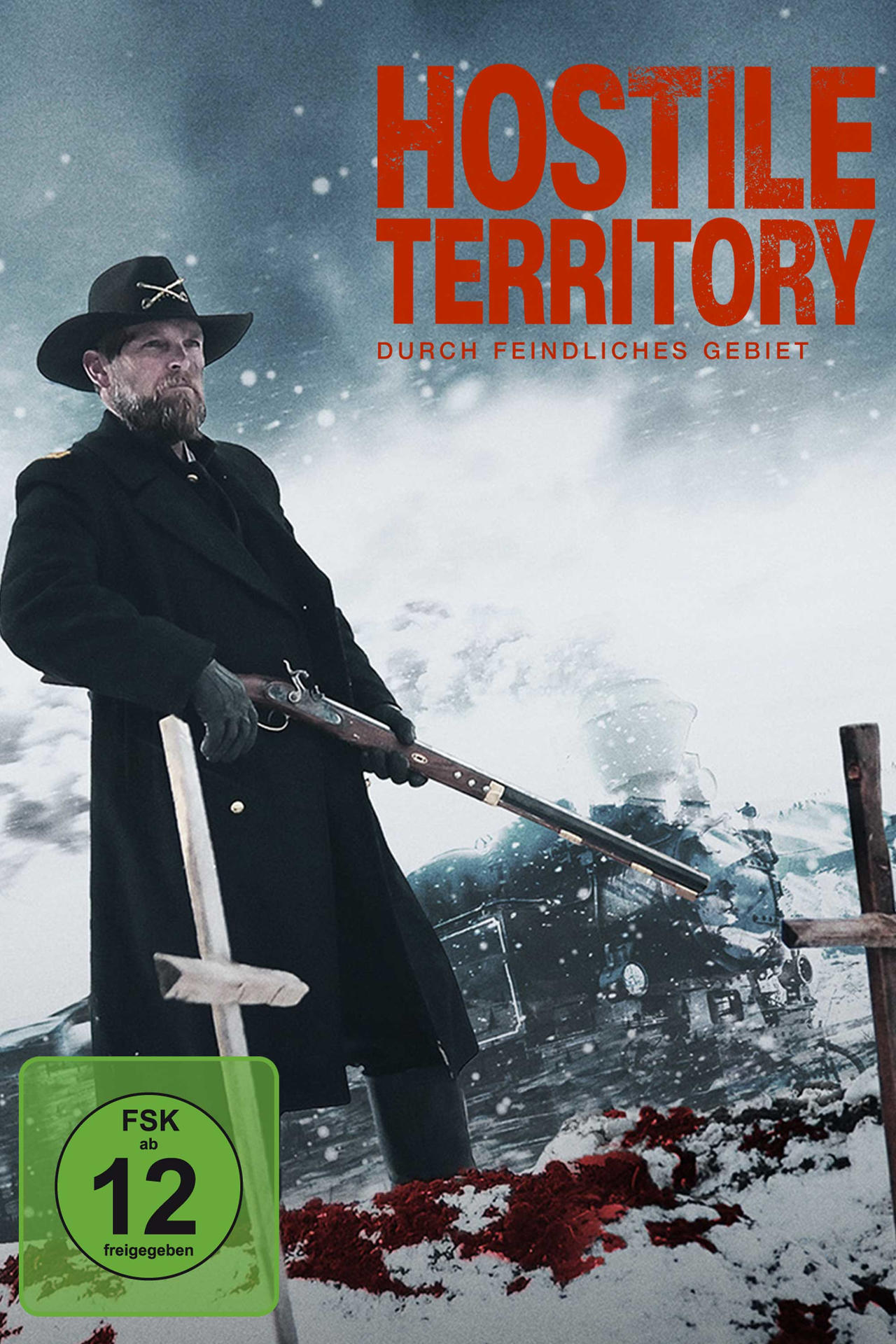 Filmposter: Mann in schwarzem Mantel, Hut, Gewehr haltend, Schnee, Zug im Hintergrund.