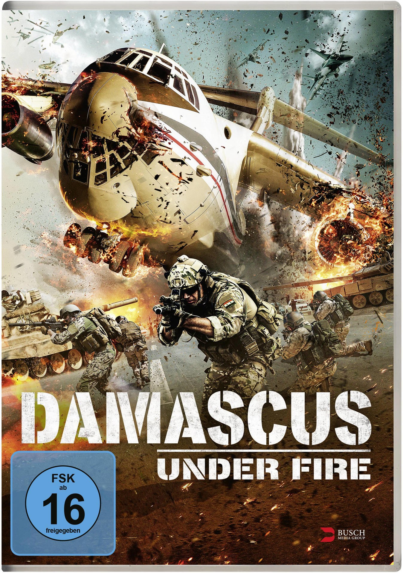 DVD-Cover: Militärische Action-Szene mit Soldaten, Flugzeug, Panzern und Explosionen. Titel: 'Damascus Under Fire'.