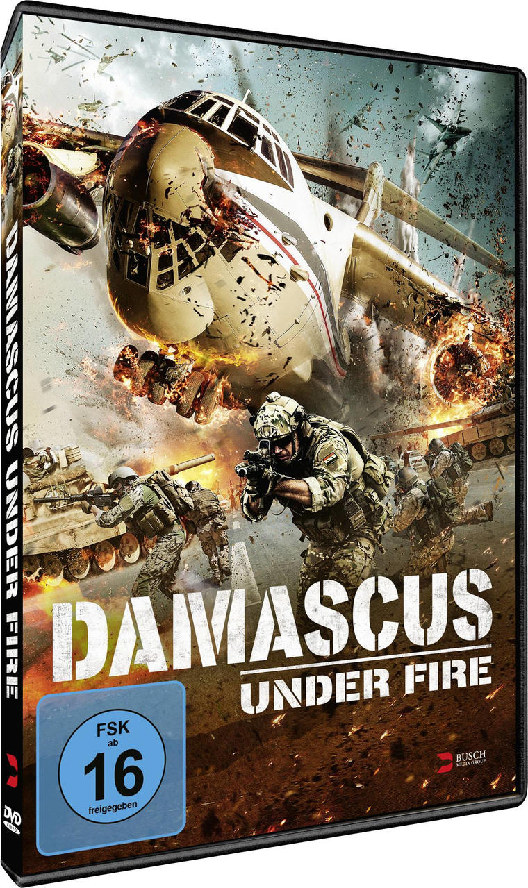 DVD-Cover für 'Damascus Under Fire', zeigt Soldaten, ein Flugzeug und Explosionen. FSK 16-Bewertung.