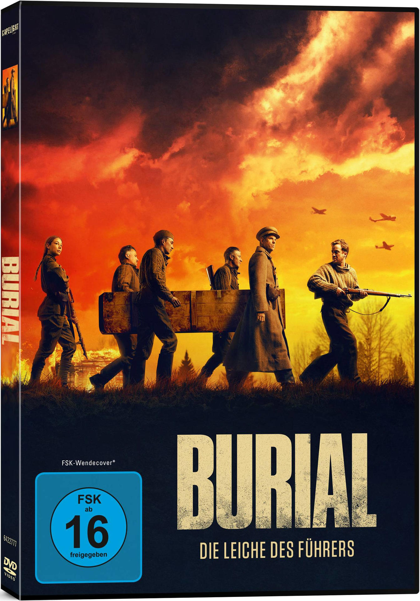 DVD-Hülle für 'Burial'. Personen tragen eine Holzkiste, im Hintergrund ein Sonnenuntergang.