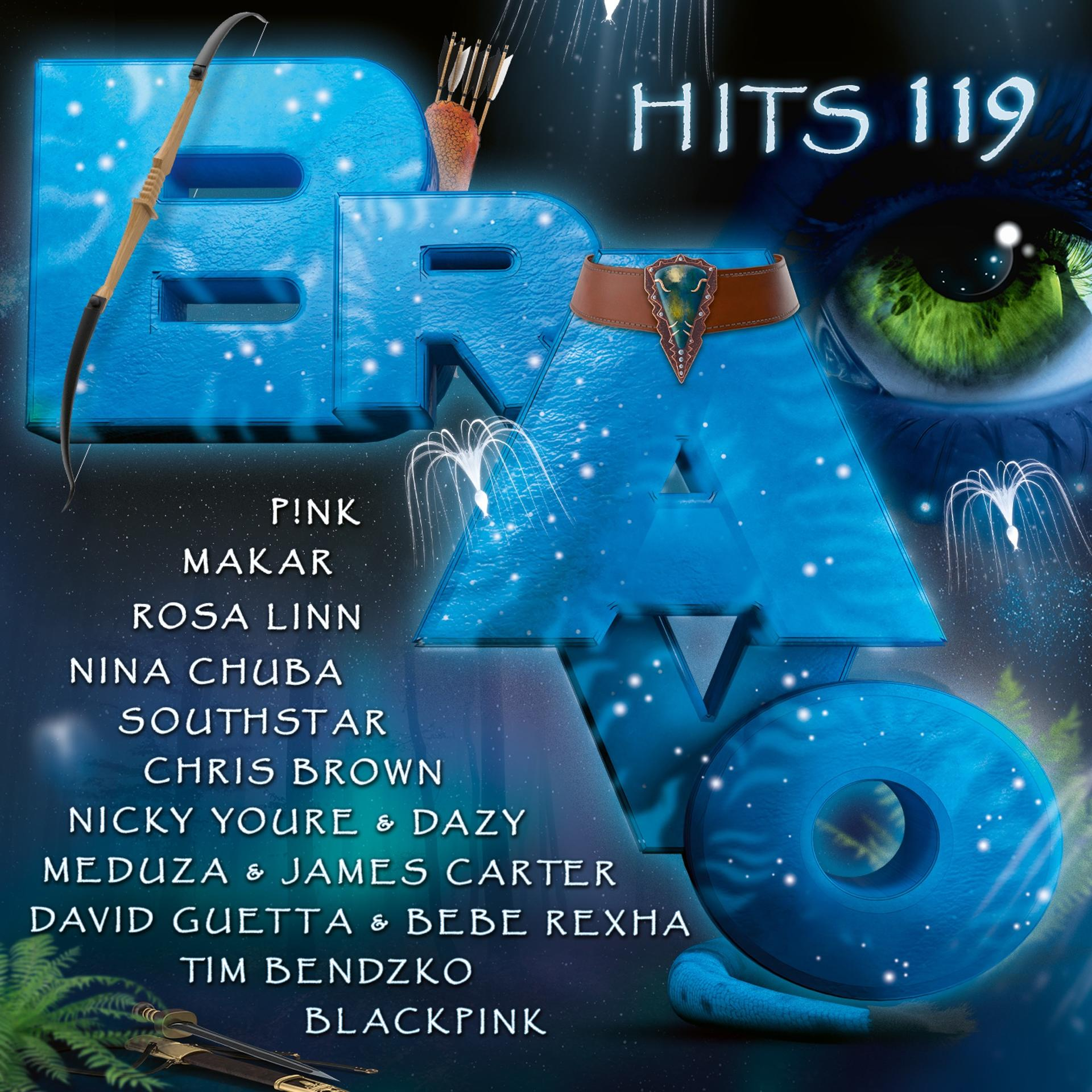 Bravo Hits 119 Albumcover mit großem blauem 'BRAVO' und Namen von Musikkünstlern.
