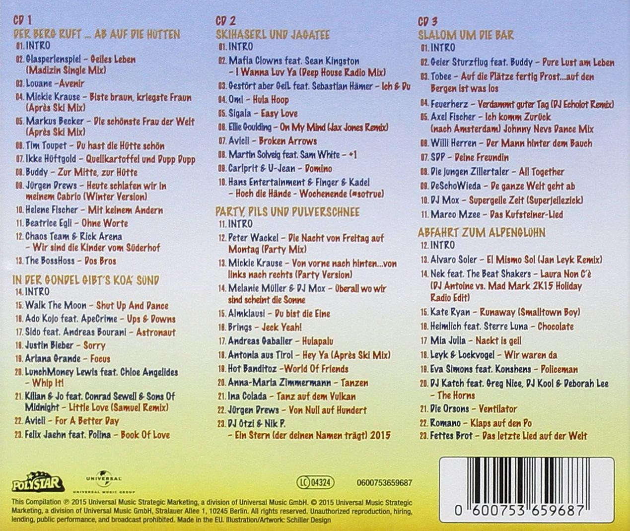 CD-Cover mit verschiedenen Songtiteln und Künstlern, mit farbenfrohem Design.